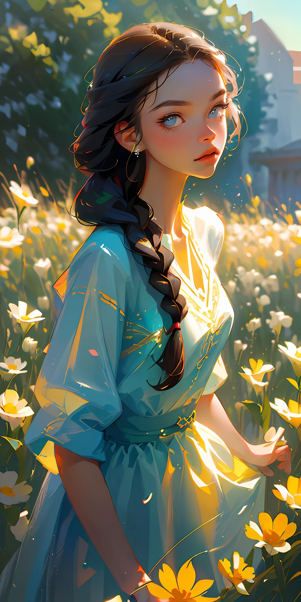 (best quality, masterpiece), 1girl, pose, particle, wind, flower, upper body, simple background, looking at viewer, focus on face, brunette hair, braids
