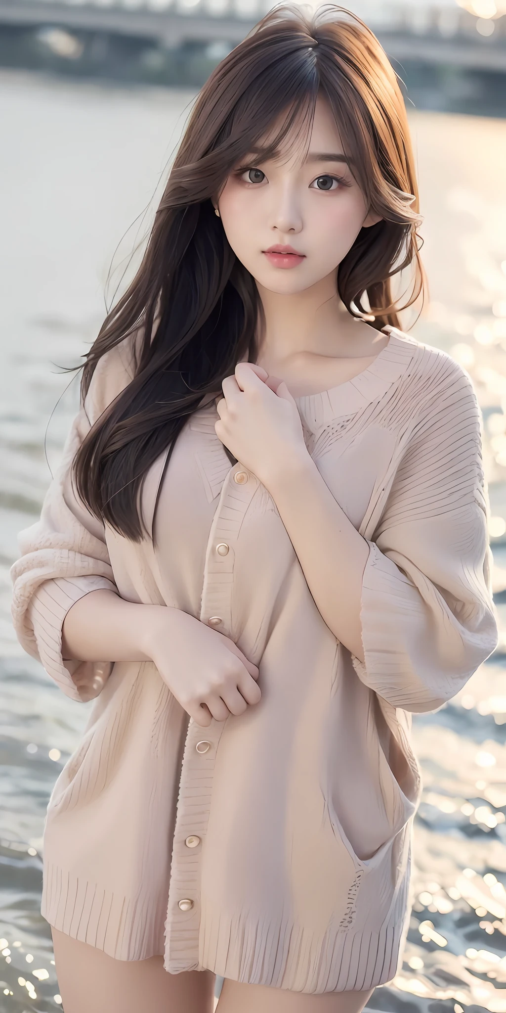 1girl walking on the river, mix4, sweater, pillow, lips, open_mouth, realistic, photo_\(medium\), solo, stuffed_animal, stuffed_toy, teddy_bear, (masterpiece), (realism: 1.3), super detailed, (High detail skin: 1.2), (Best quality: 1.0), (Ultra resolution: 1.0), (ULZZANG-6500: 0.3), wavy detail hair, long hair, sunshine, (beautiful detail makeup), (sexually aroused blush, heavy breath: 1.0), floral theme petals scattered, (soft light bloom: 0.5)