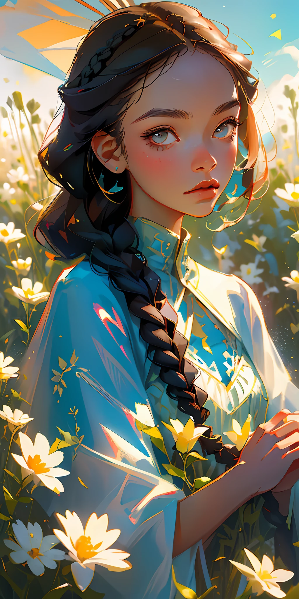 (best quality, masterpiece), 1girl, pose, particle, wind, flower, upper body, simple background, looking at viewer, focus on face, brunette hair, braids