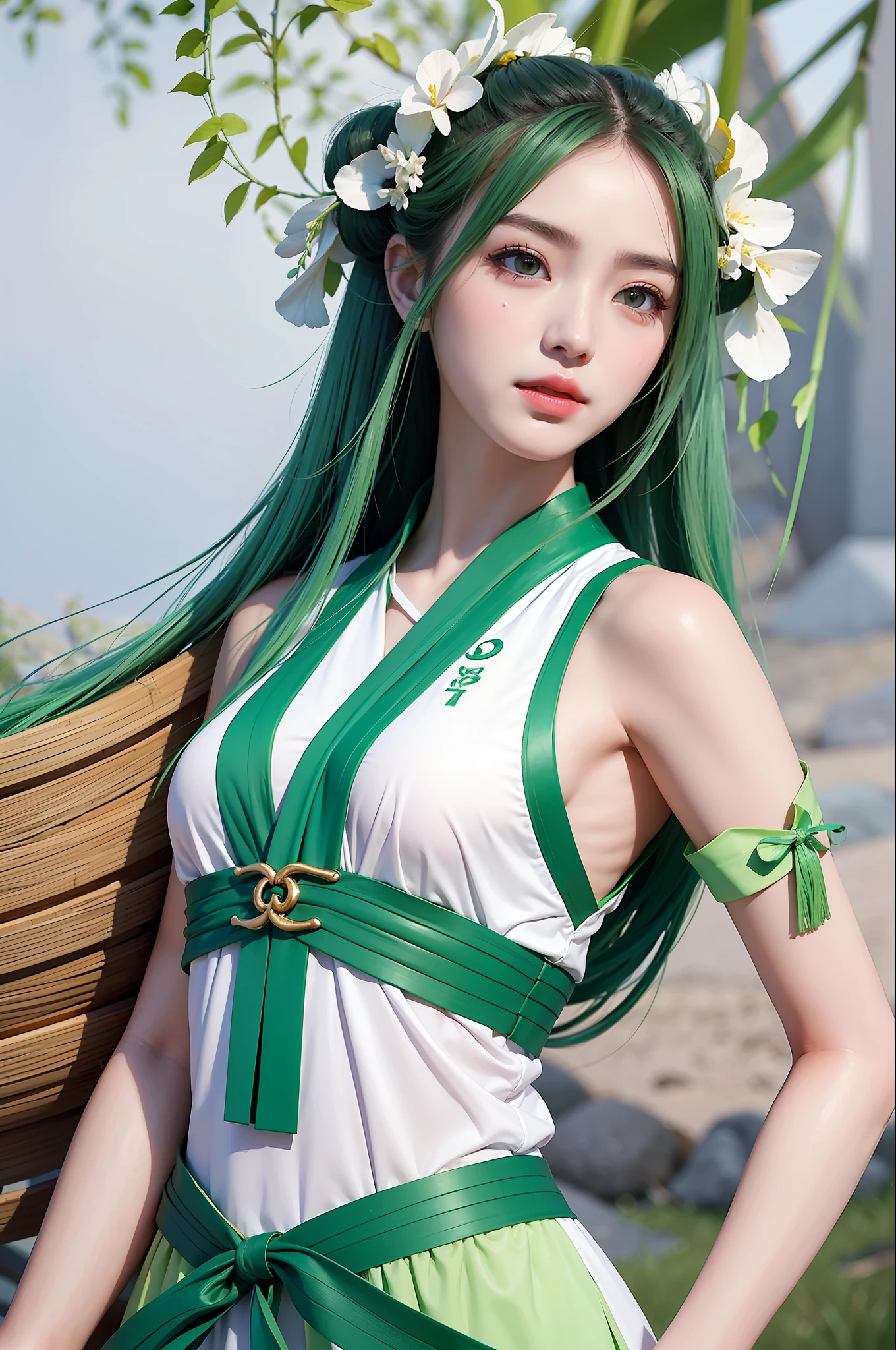 Best picture quality, masterpiece level, super high resolution, Dragon Boat Festival theme, 1 girl, zongzi anthropomorphic, zongzi decoration, refreshing background, green hair beautiful girl, white skin.