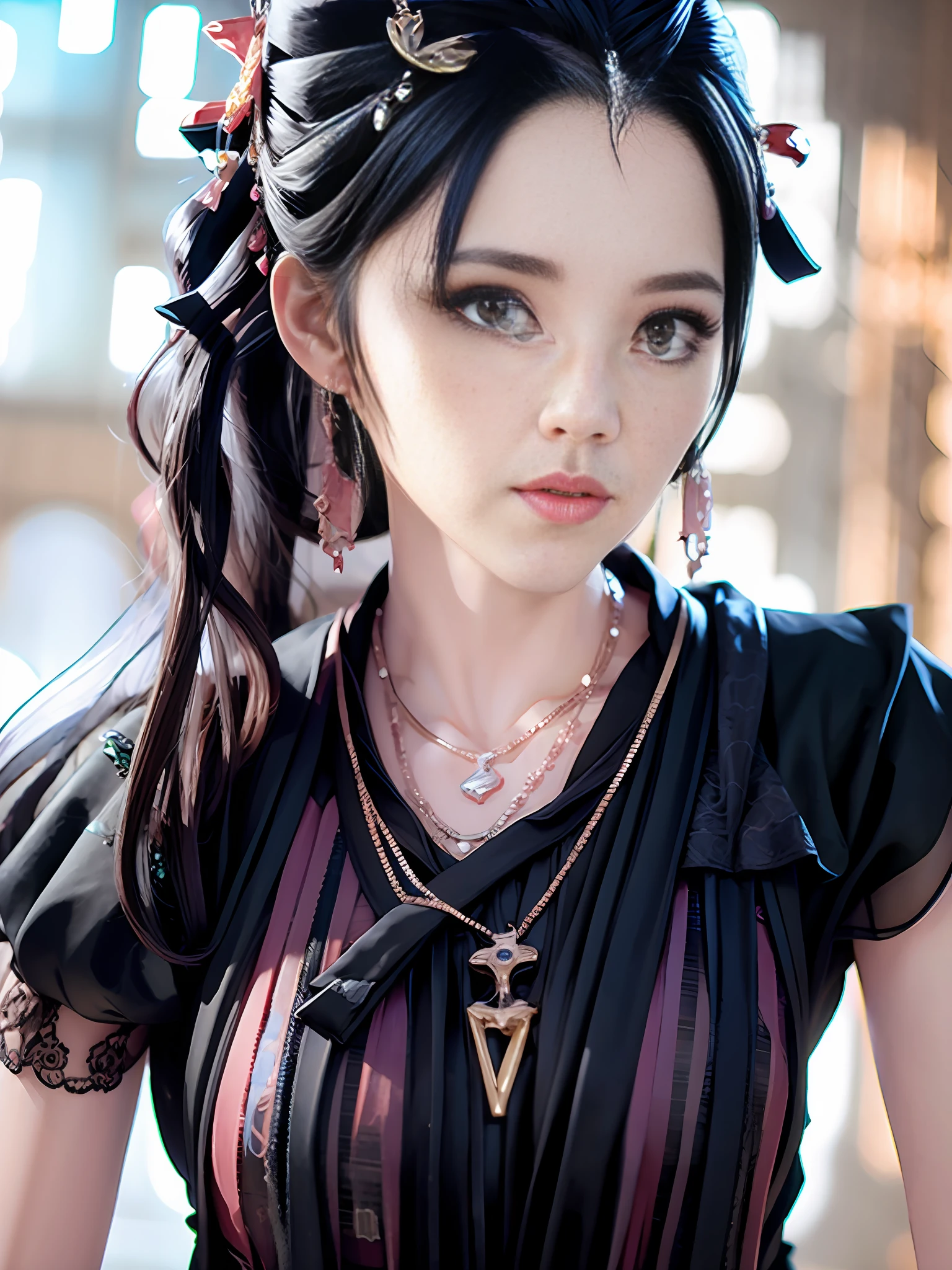 Girl, black hair, hair shawl, wavy curly hair, earrings, clear eyes, bright eyes, black clothes, beautiful, extremely high quality 8k