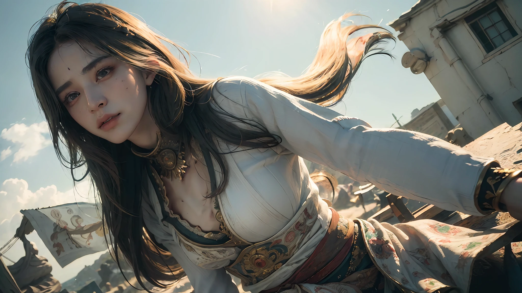 (RAW photo, best quality), (realistic, photo-realistic:1.3),best quality,highly detailed,masterpiece,ultra-detailed,illustration,1girl,upper_body,dynamic angle,world masterpiece theater,messy_long_hair,best quality,extremely detailed CG unity 8k wallpaper,ink,Amazing,cinematic lighting,lens_flare,,dunhuang_style