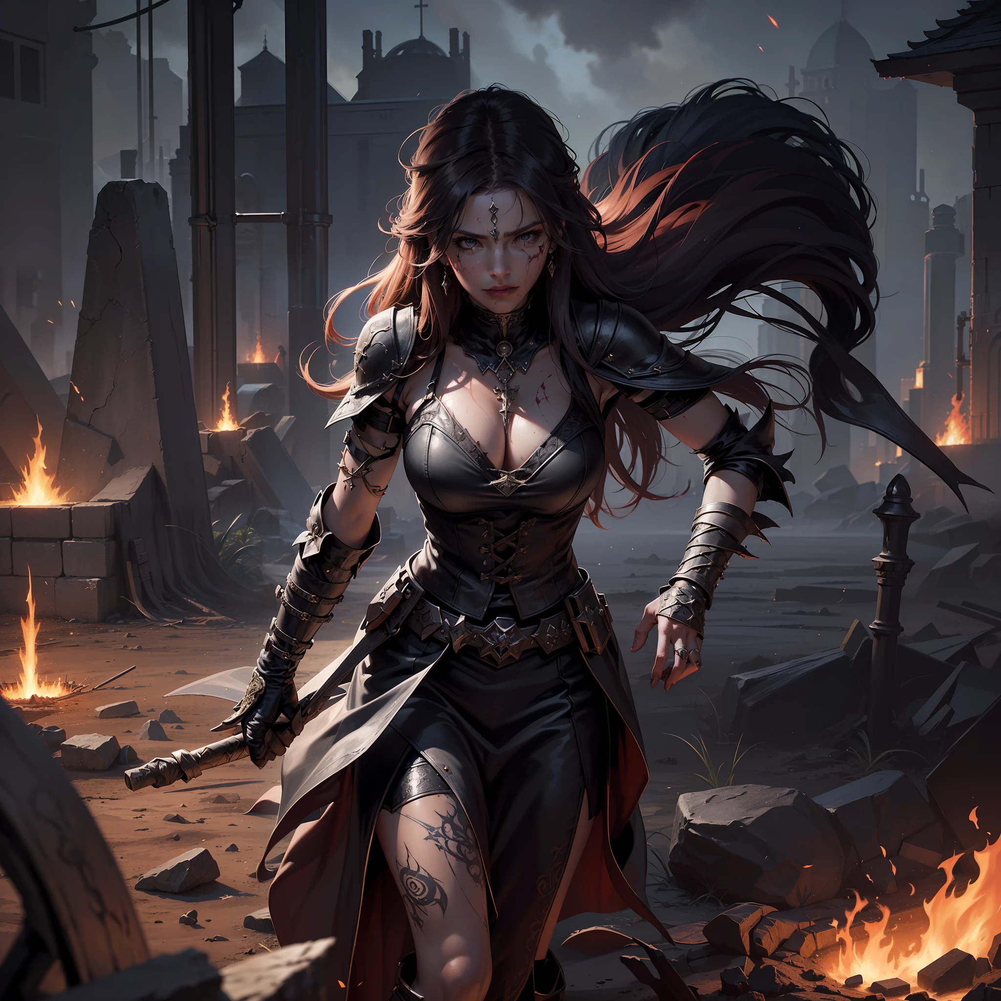 Action, Fantasy, (Magic), (Service, High Quality, Epic Realistic, High Resolution, Epic Detailed:1.2), 1girl (Young Dark Sorceress), Art Station, Field, (Dark Night), Anger, (blood splatters, lots of corpses, tattoos, women's jewelry, fire, water, blood mist), Intricate details