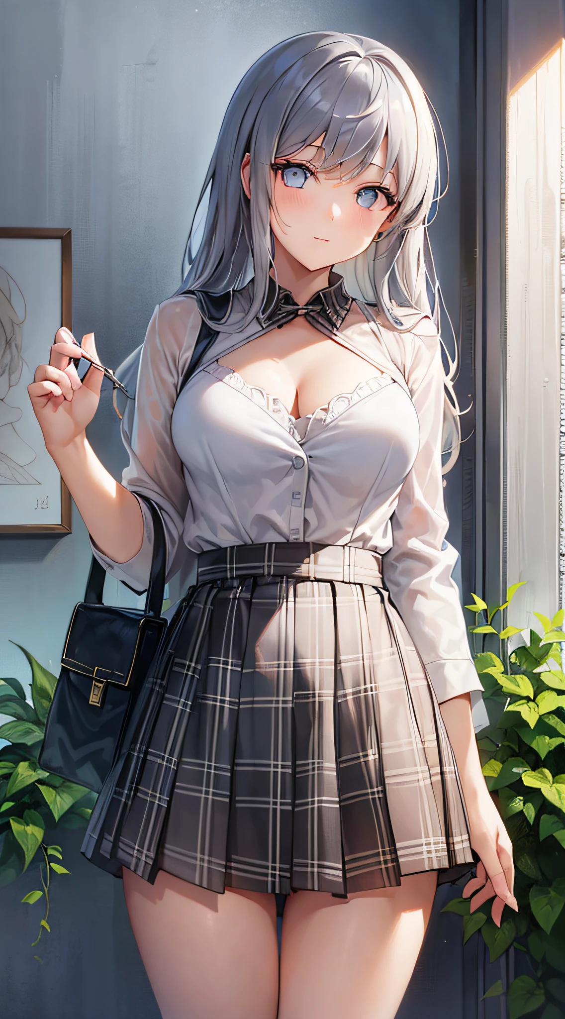 GIRL, (Masterpiece: 1.1), (Best Quality: 1.1), Upper Body Bikini, (White Bikini: 1.1), (Plaid Skirt: 1.1), High Waist Skirt, Blake [Green Grass: Pink, :0.5] Themed, (Urban Background: 1.1), Break Silver, Long, Green Eye, Landscape,