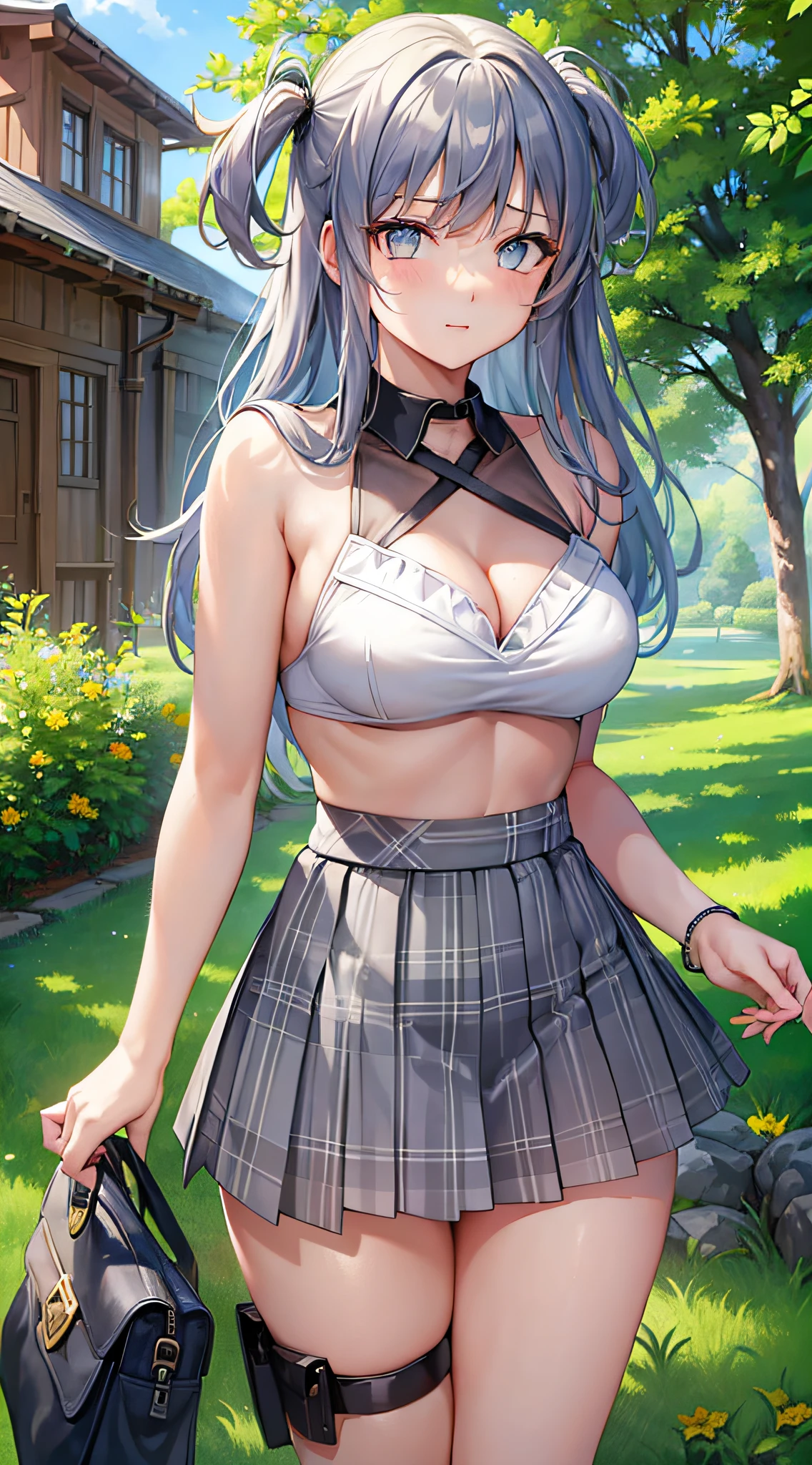 GIRL, (Masterpiece: 1.1), (Best Quality: 1.1), Upper Body Bikini, (White Bikini: 1.1), (Plaid Skirt: 1.1), High Waist Skirt, Blake [Green Grass: Pink, :0.5] Themed, (Urban Background: 1.1), Break Silver, Long, Green Eye, Landscape,
