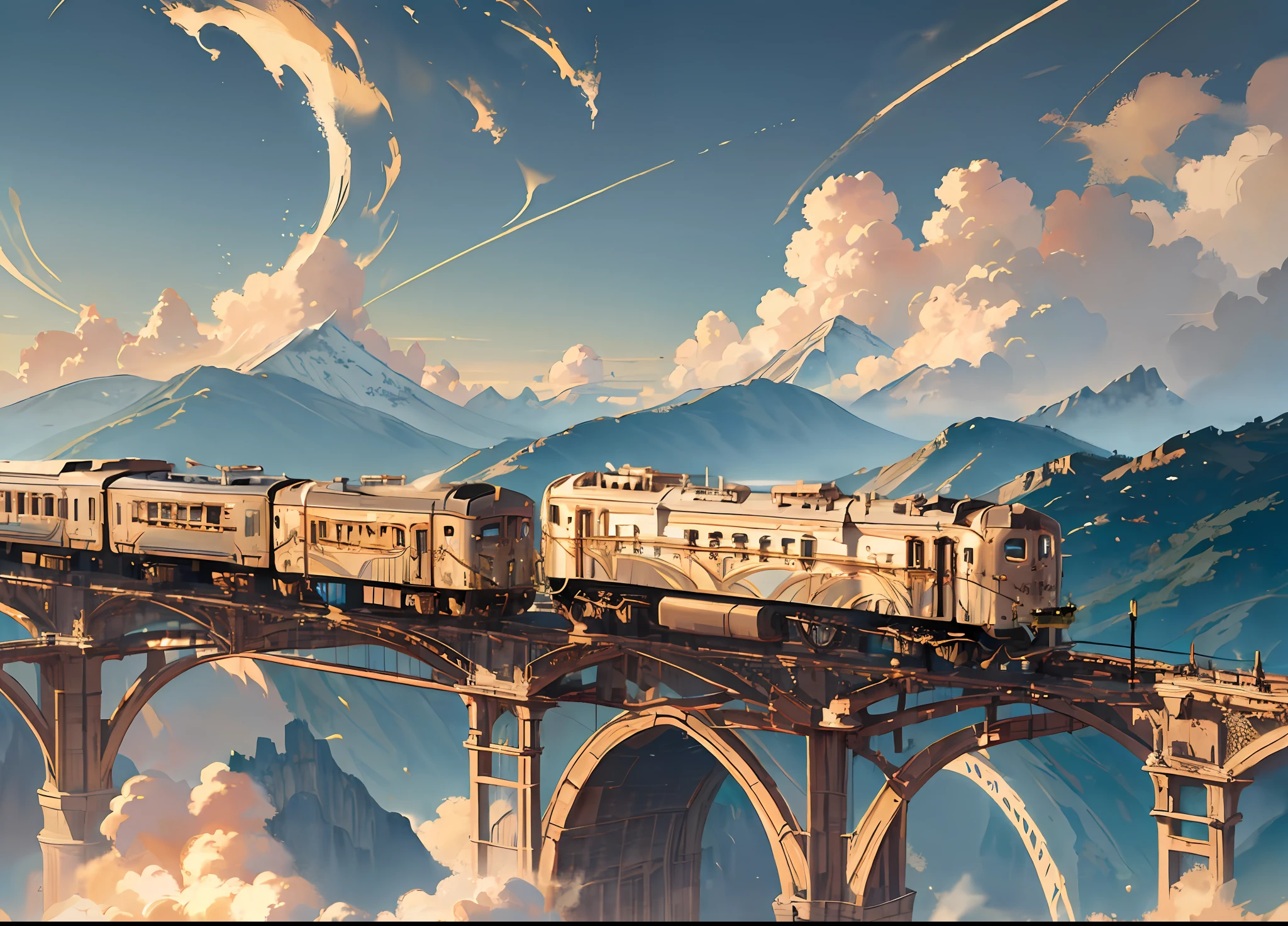 (train:1.5) The train advances in a colossus of carriages over a suspension bridge in the air, giant mountains in the background drawing the horizon. Gold details glow on the train as dragons dance in the crystal blue sky.