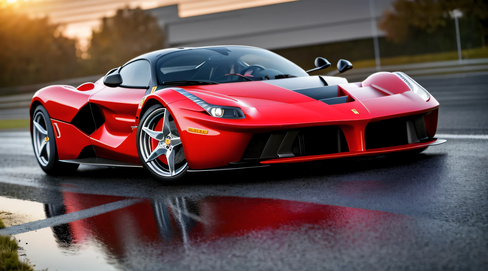 sports car model ferrari laferrari 2020, in bright red color, running on a road, with a background of a big city, the road wet by rain and the reflection of the vehicle appearing, realistic image, rendered 3d, detailed image, 12k, realistic photo, cinematic, vivid colors, ultra realistic image, detailed image, 12k image, ultra resolution, vivid colors, real image, 3d rendering, ray tracing, cinematic lighting, realism, expressionism, UHD, 8k, 16k, super detail, high detail, high quality