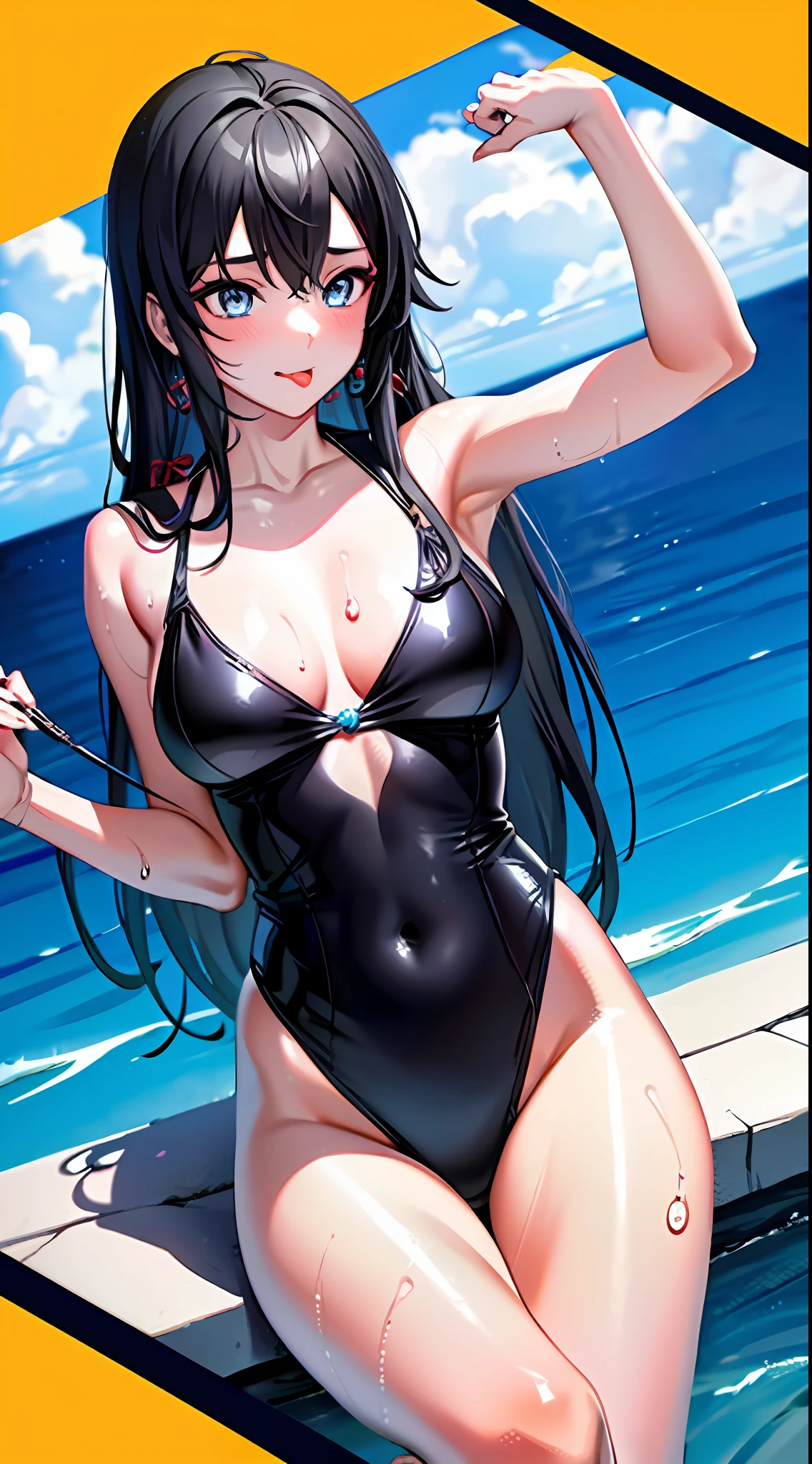 ((Masterpiece)), (Best Quality), (Detail), (1 girl), Long hair, Shining eyes, Swimsuit, View from above, Legs together, Looking Up, Side view, Black hair, Big, Sweat, Tongue out