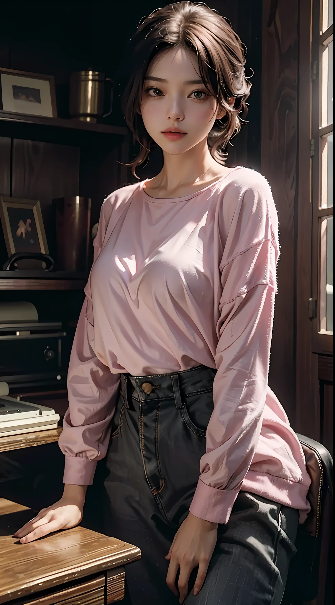 Best quality, masterpiece, super high resolution, (fidelity: 1.4), original photo, 1girl, mature, pink top, cinematic lighting