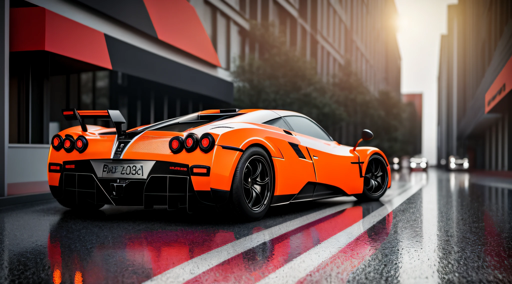 sports car model pagani huayra, in orange and black color, with chrome wheels, running on a road, with a background of a big city, the road wet by rain and the reflection of the vehicle appearing, realistic image, rendered 3d, detailed image, 12k, realistic photo, cinematic, vivid colors, ultra realistic image, detailed image, 12k image, ultra resolution,  vivid colors, real image, 3d rendering, ray tracing, cinematic lighting, realism, expressionism, UHD, 8k, 16k, super detail, high detail, high quality
