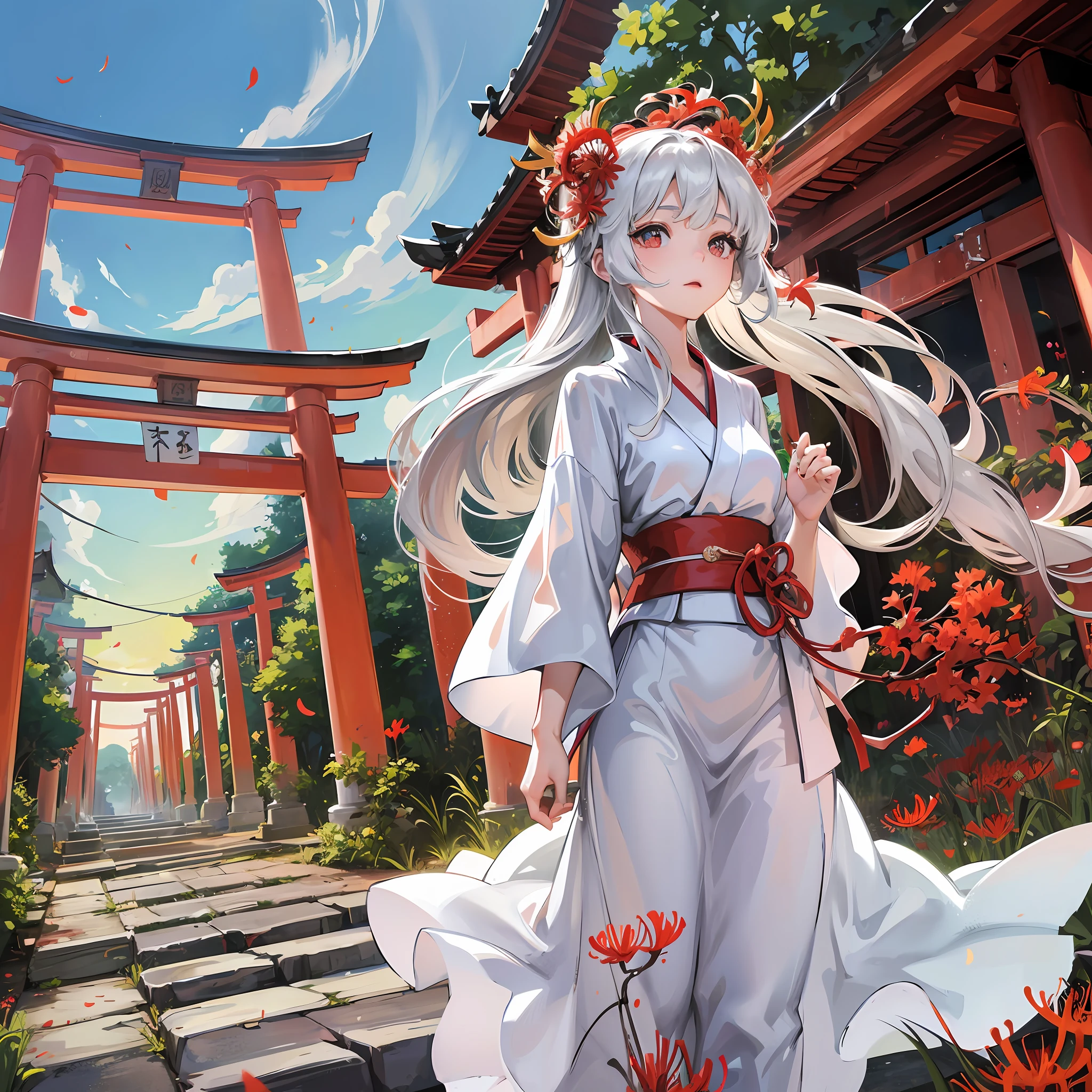 A torii gate towers over the beautiful sky that spreads out at the end of the sky. In front of the torii gate, a bright red spider lily blooms, and its beauty catches the eye. Bright petals sway in the wind, creating a fantastic sight.
And in front of the torii gate, a girl dressed in a white kimono is standing. Her hair is long and flutters gracefully in the wind. Her eyes are deep and clear and full of transparency. There is a divine aura floating around her, and you can tell at a glance that she is special. --auto --s2