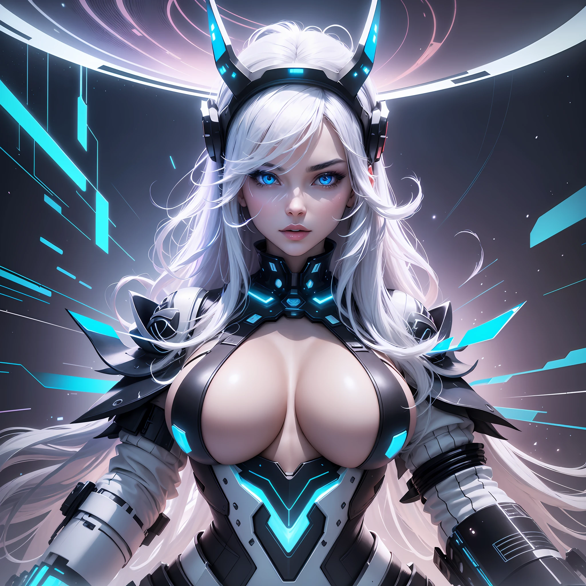a beautiful and dangerous world, a world in the clouds, a white world, techno heaven. Describe the visual elements of a cloud inspired world were everything is white with colors as lighting, including the use of neon lights, glowing lines and shapes, and the distinctive blue and white color scheme. combine, futuristic, technological, details, enhancements, aesthetic, visuals, elemental, virtual reality, digital realm, sexy and beautiful, elegant and mysterious, dangerous and deadly. a character next to a black fire (huge boobs:1.2) --auto --s2