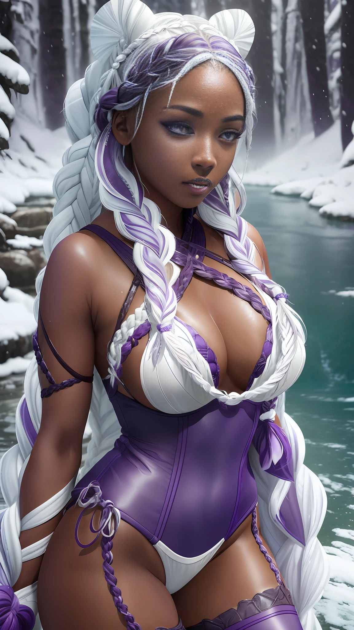 Beautiful, high resolution, extreme detail, nvidia rtx, 8k, hdr, 18 year old woman with dark skin, wet, leather swimsuit, thigh high stockings, fur hood, large breasts, (braided white hair:1.5), (purple eyes:1.5), forest, lake, snow, waterfall, 3/4 long shot, cowboy shot