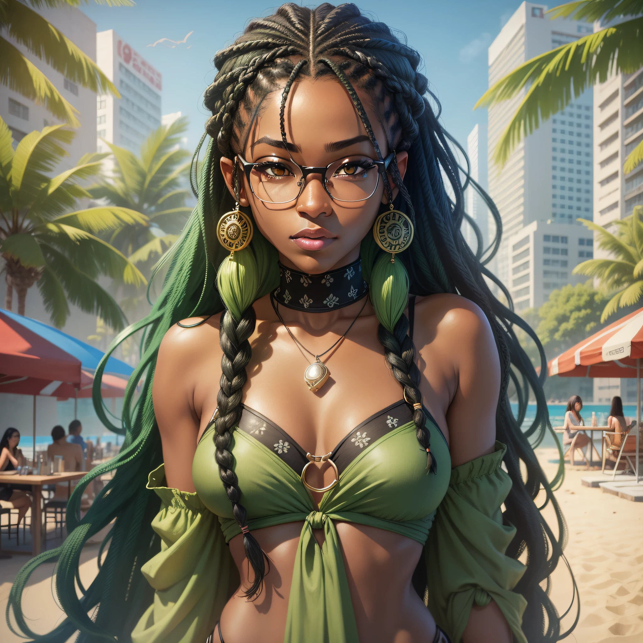 A woman with ebony skin, dark eyes, and long green hair with braids, urban clothing styles, wears a pair of glasses in her hair, the environment is a beach, realistic drawing style, focus on the face