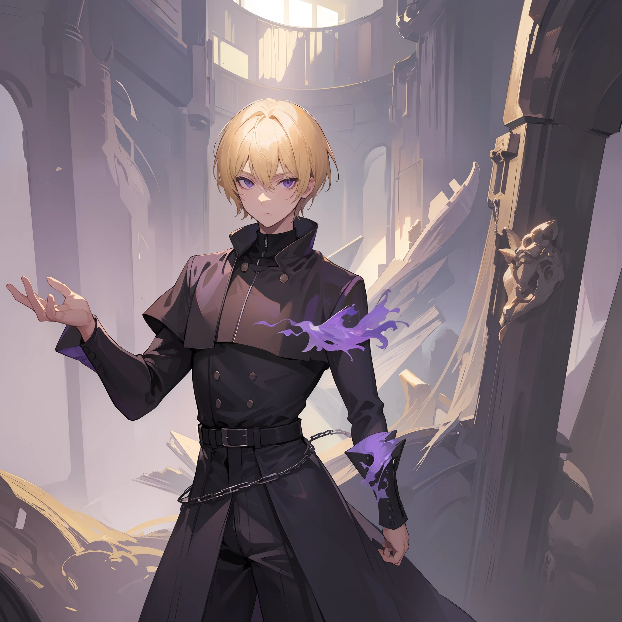 A blonde short hair man, purple eyes, standing in front of art on art gallery, black clothes