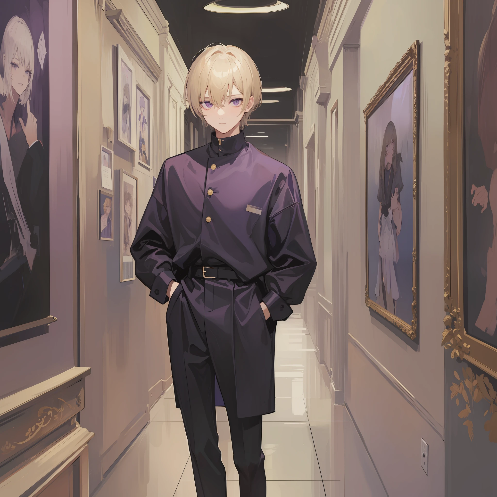 A blonde short hair man, purple eyes, standing in front of art on art gallery, black clothes