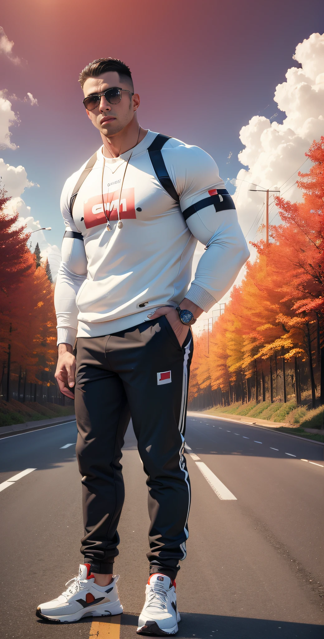 Man in off-white sweatshirt standing in the middle of a sunny highway,American round head,Buzz Cut,National character face,Tall and burly,muscular male hero,Heroic male pose,a muscular!Wear sunglasses,SKINS brand sports sweatshirt, Black hair,super buff and cool, commission for high res, Character design: morning runner,sneaker shoes,Attractive strong men,The red maple forest shining through the sun shines on you