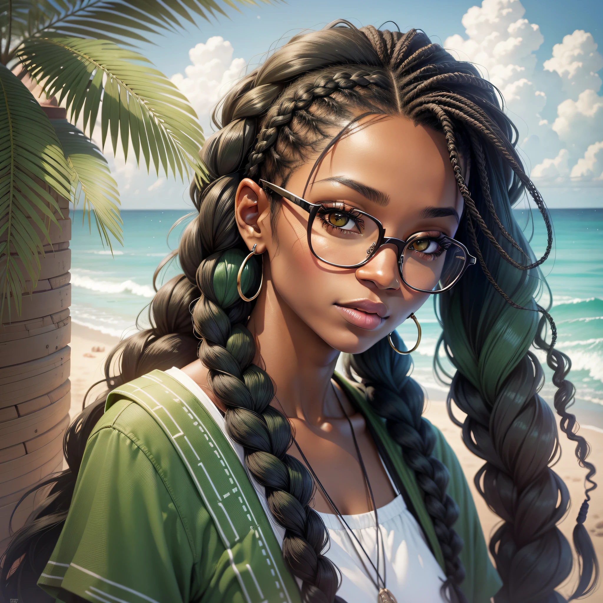 A woman with ebony skin, dark eyes, and long green hair with braids, urban clothing styles, wears a pair of glasses in her hair, the environment is a beach, realistic drawing style, focus on the face