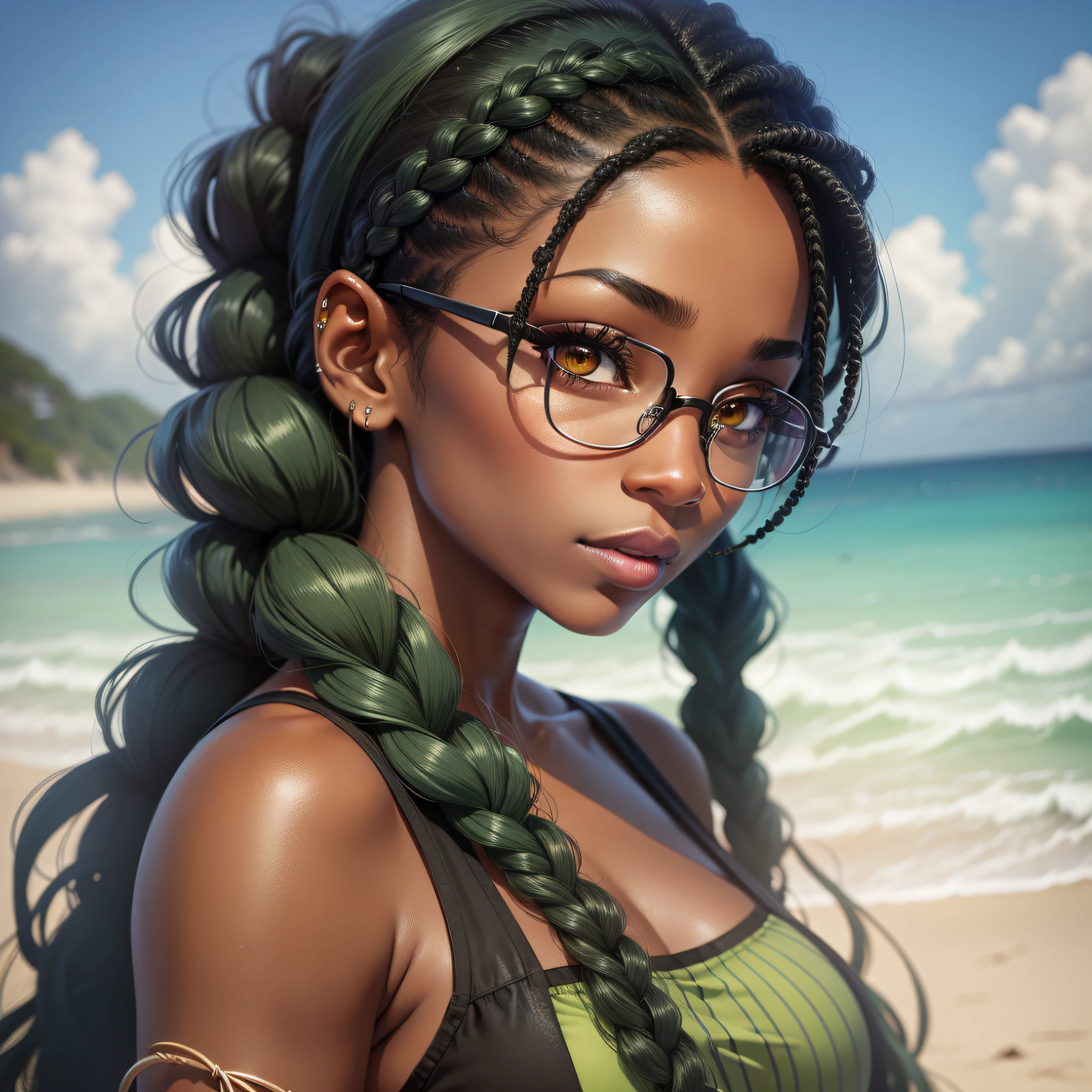 A woman with ebony skin, dark eyes, and long green hair with braids, urban clothing styles, wears a pair of glasses in her hair, the environment is a beach, realistic drawing style, focus on the face