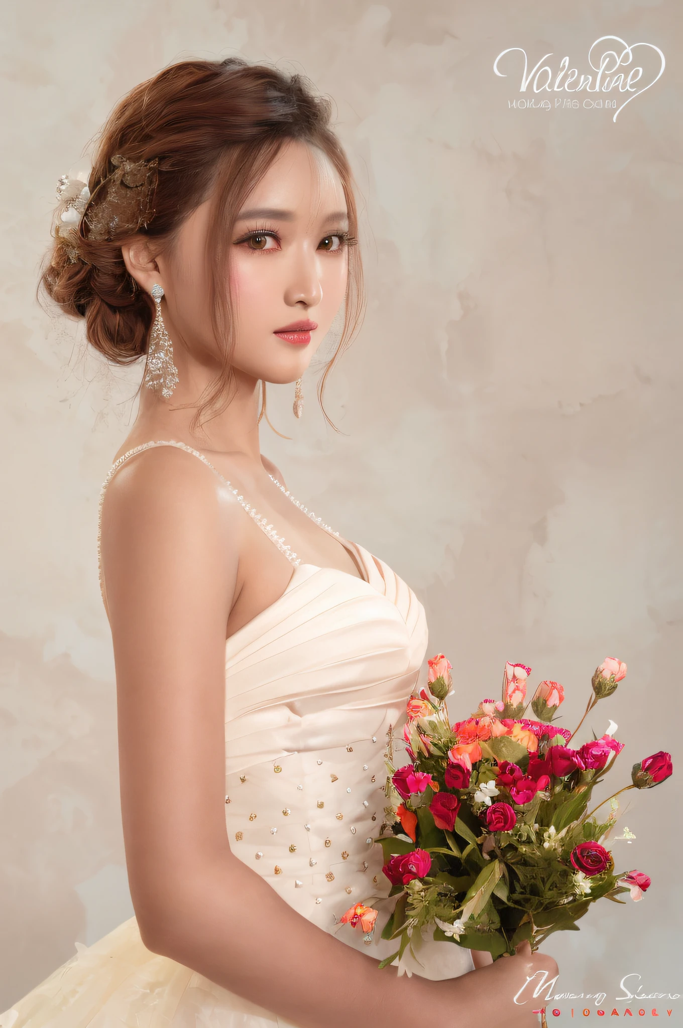 arafed woman in a white dress holding a bouquet of flowers, beautiful young asian woman, beautiful asian woman, with flowers, young beautiful woman, wearing an evening gown, beautiful asian girl, cute elegant pose, elegant fashion model, stunning elegant pose, young asian woman, half-turned lady in evening gown, beautiful young korean woman, a young asian woman,detail in face, detail eyes, perface face,