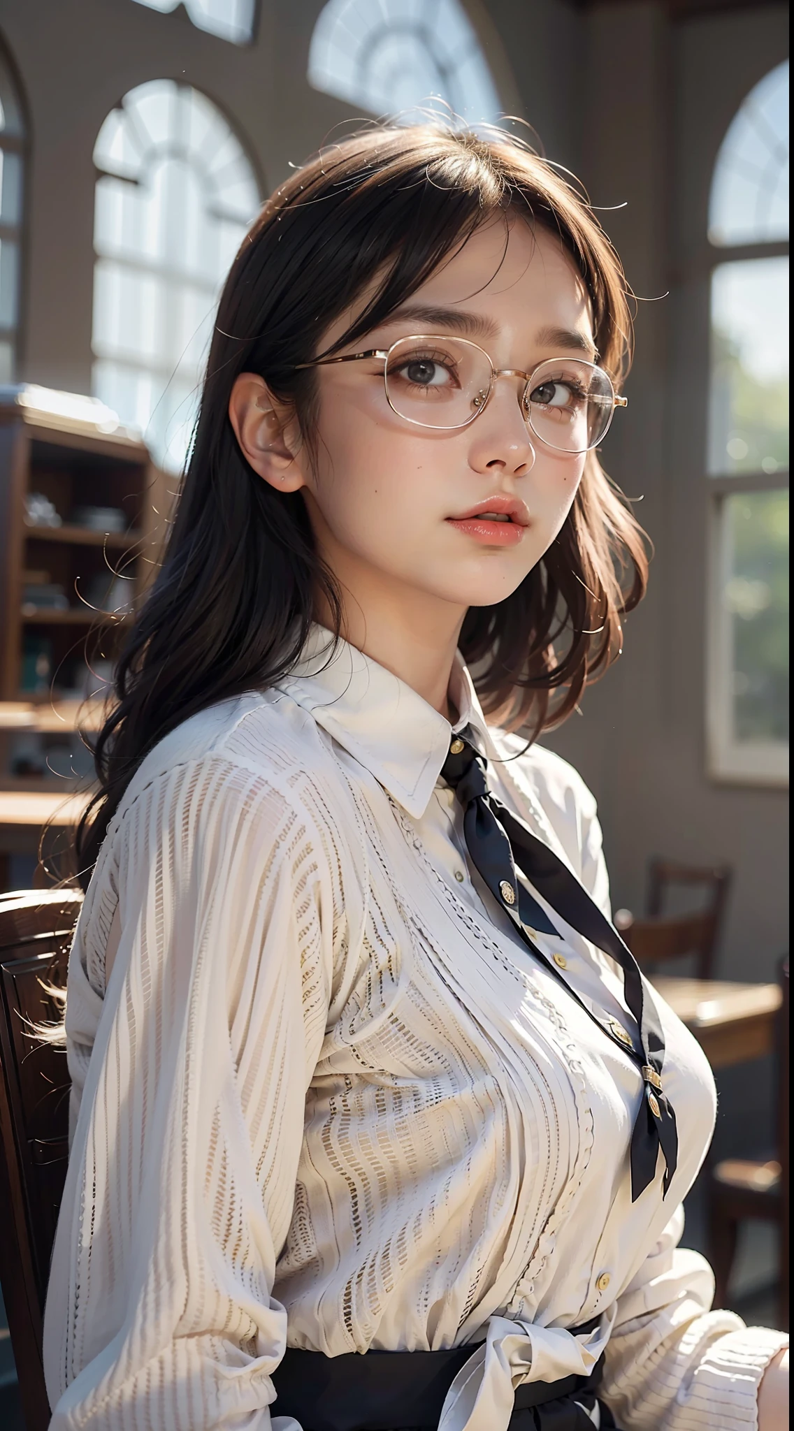 Motivational seminar, seminar setting, 1girl, beautiful lighting, top quality, MASTERPIECE, super uplifting, photorealistic, seminar chair installation, looking at the front, putting hands on cheeks, love, happiness, very cute, lovey, feminine outfit, neat and clean clothes, beautiful glasses