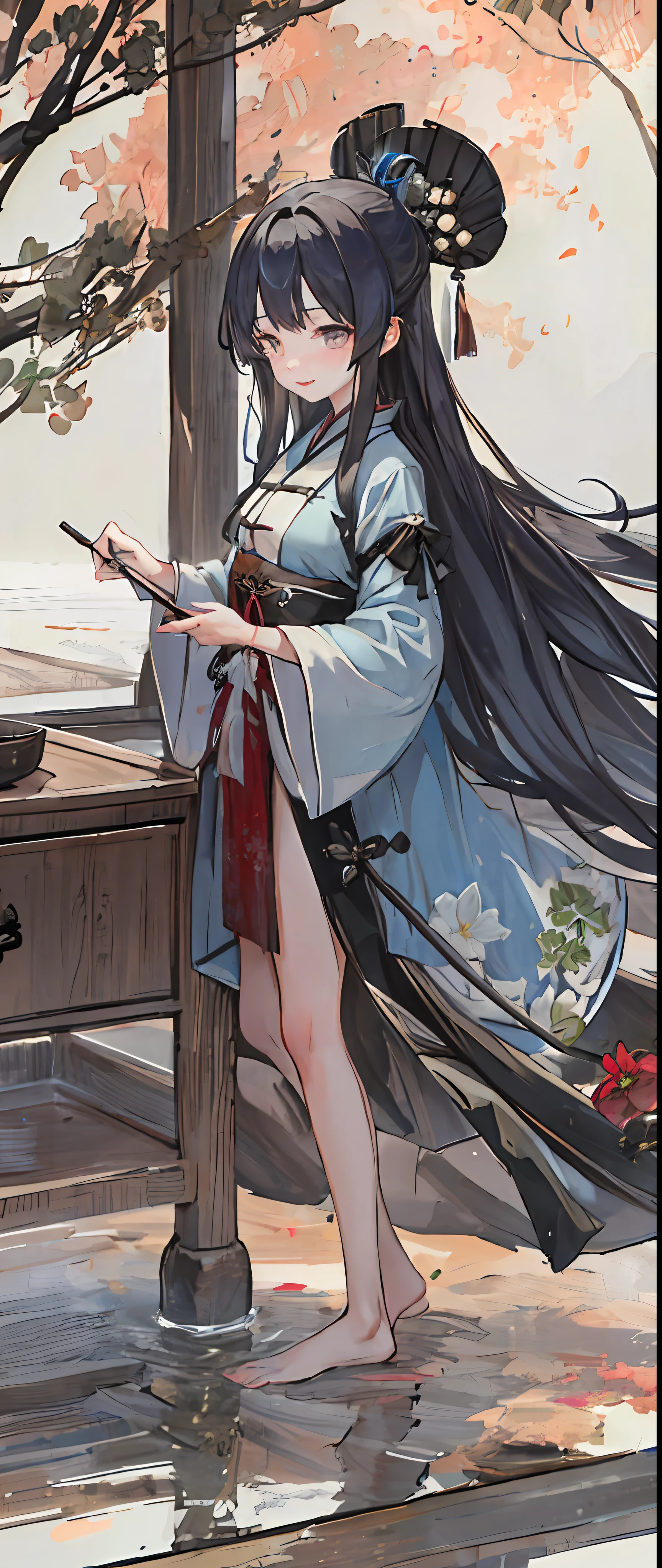 ((4k,masterpiece,best quality)), shuimobysim, traditional chinese ink painting, lotus, hanfu, maxiskit, dress conservatively 1girl, solo, long blue hair, smile, standing, feet in the water, barefoot,