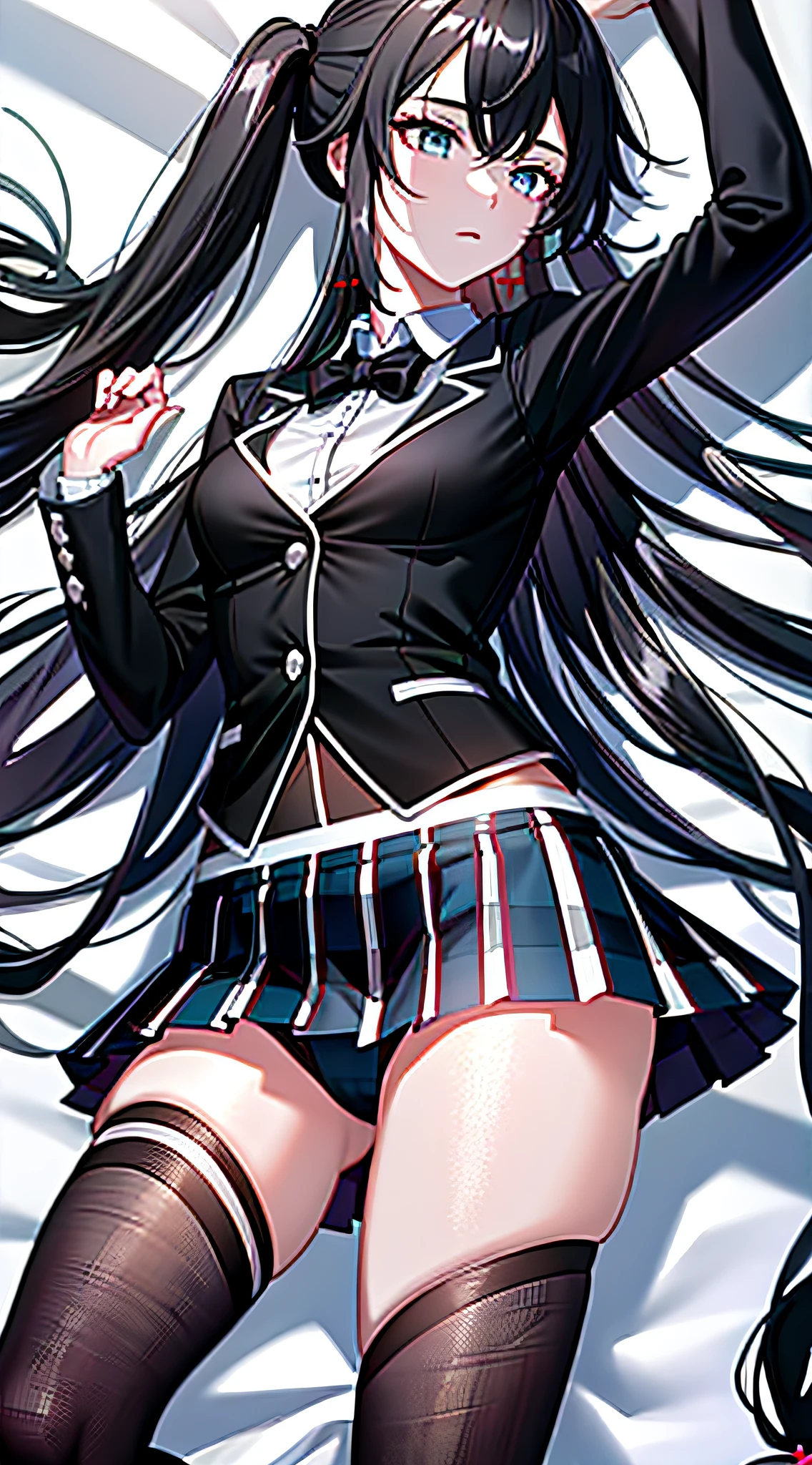 ((Masterpiece)), (Best Quality), (Detail), (1 girl), Long hair, Shining eyes, Black skirt, Black stockings, View from above, legs together, Look up, Side view, Black hair, Big, Skirt, Mini skirt, Underwear, Underwear visible, Pants visible