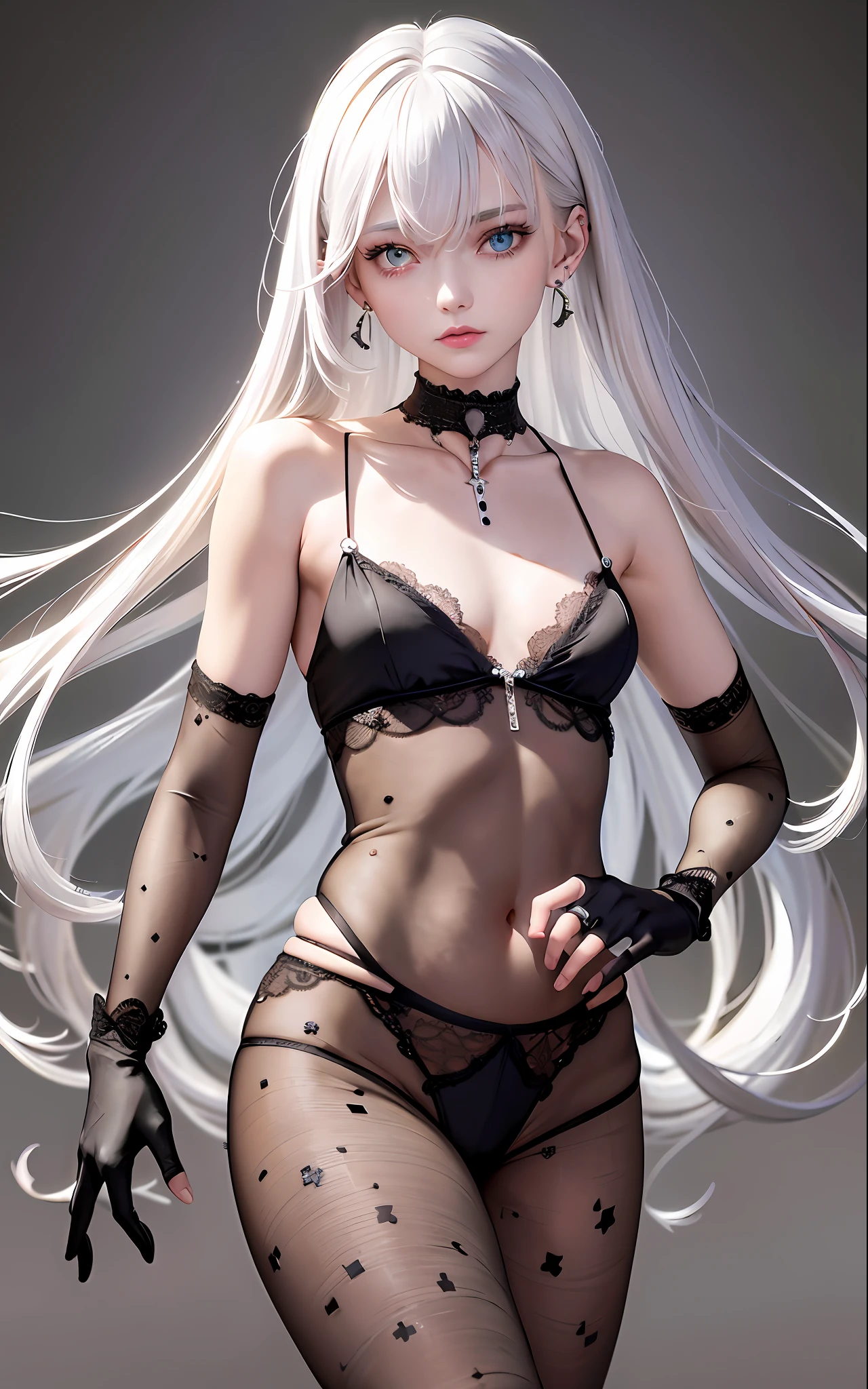 Best, Masterpiece, High Resolution, Best Quality, Ultra HD, Super Detail, Award-Limited, 16k, (Upper Body), Beautiful Girl, Gray Hair, Hair, ((Heterochromia)), Hanging Corners, Fair Skin, (Small), (Slim Body), ((Lace Pajamas)), Stud Earrings, (Neck Rings), (Short Glove as Short as Half the Palm)