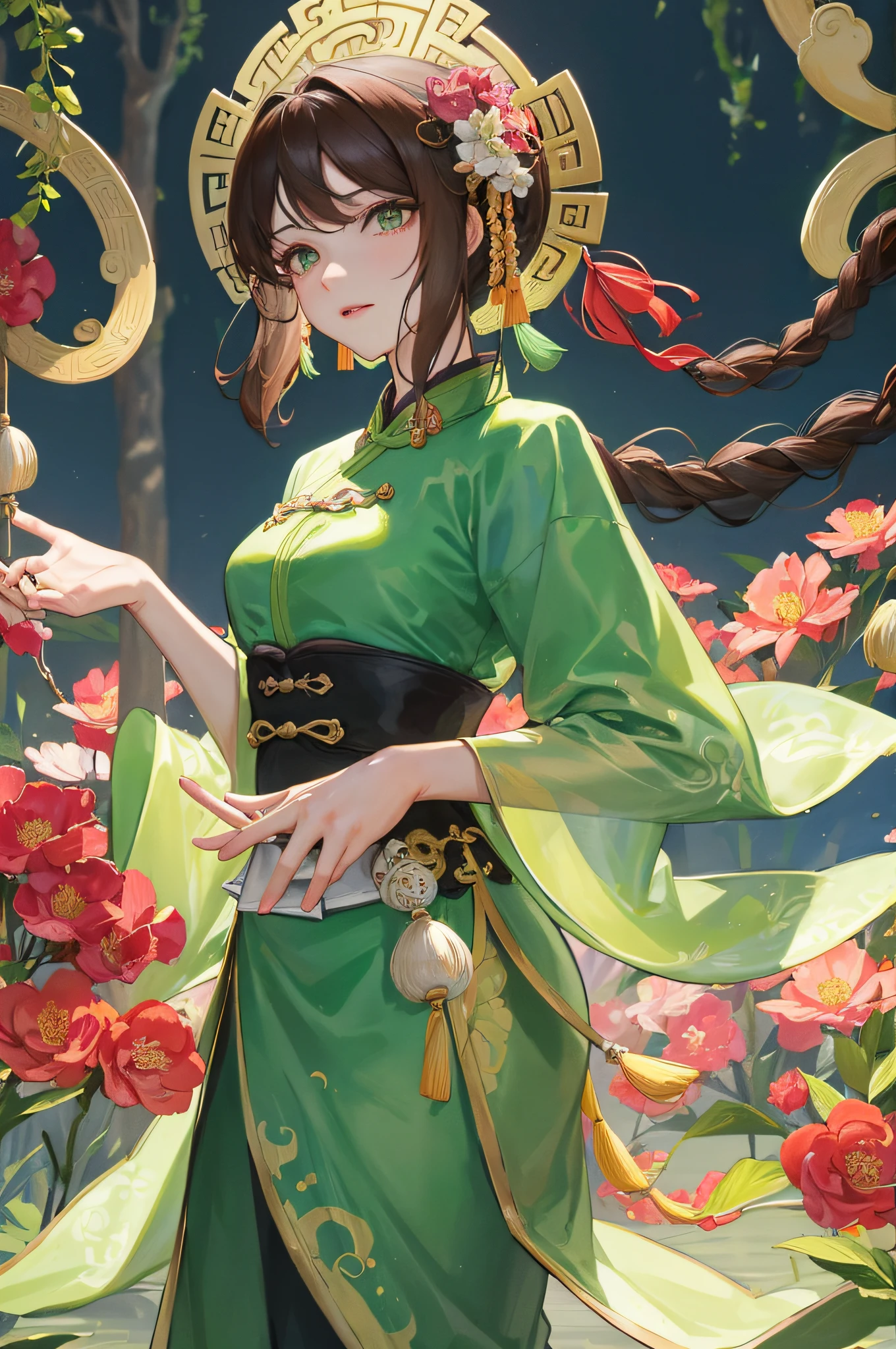Masterpiece, Superb Daytime, Outdoor, Water's Edge, Dragon Boat Festival, Festivity, A Woman, Mature Woman, Chinese Style, Ancient China, Sister, Royal Sister, Indifferent Expression, Expressionless, Dark Brown Hair, Green Eyes, Single Twist Braid, Curly Hair, Double Pill Head, Green Clothes, Light Pink Lips, Calm and Intellectual, Middle-Divided Hand-held Zongzi