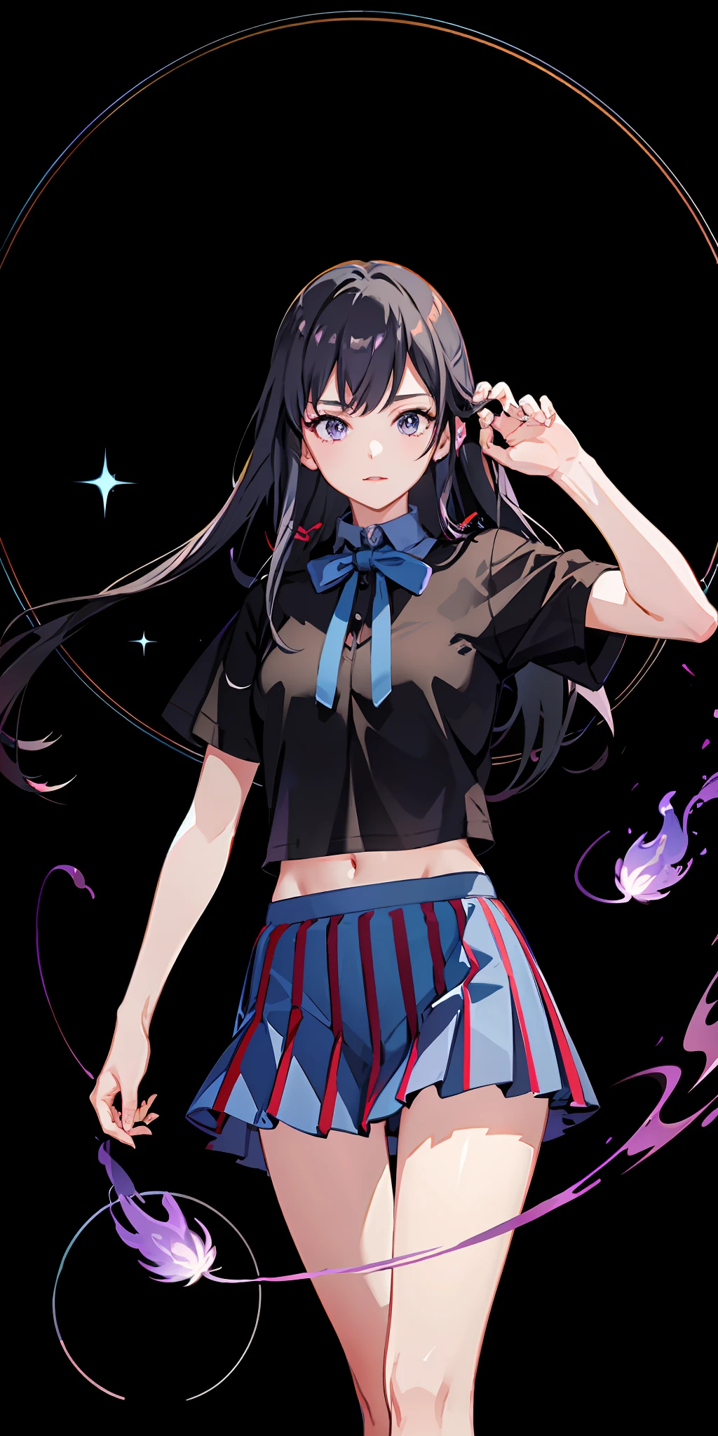 upper body, one girl, purple eyes, wallpaper, magic circle background, light particles, blue flame, , black hair, big, skirt, mini skirt, underwear, underwear visible, pants visible