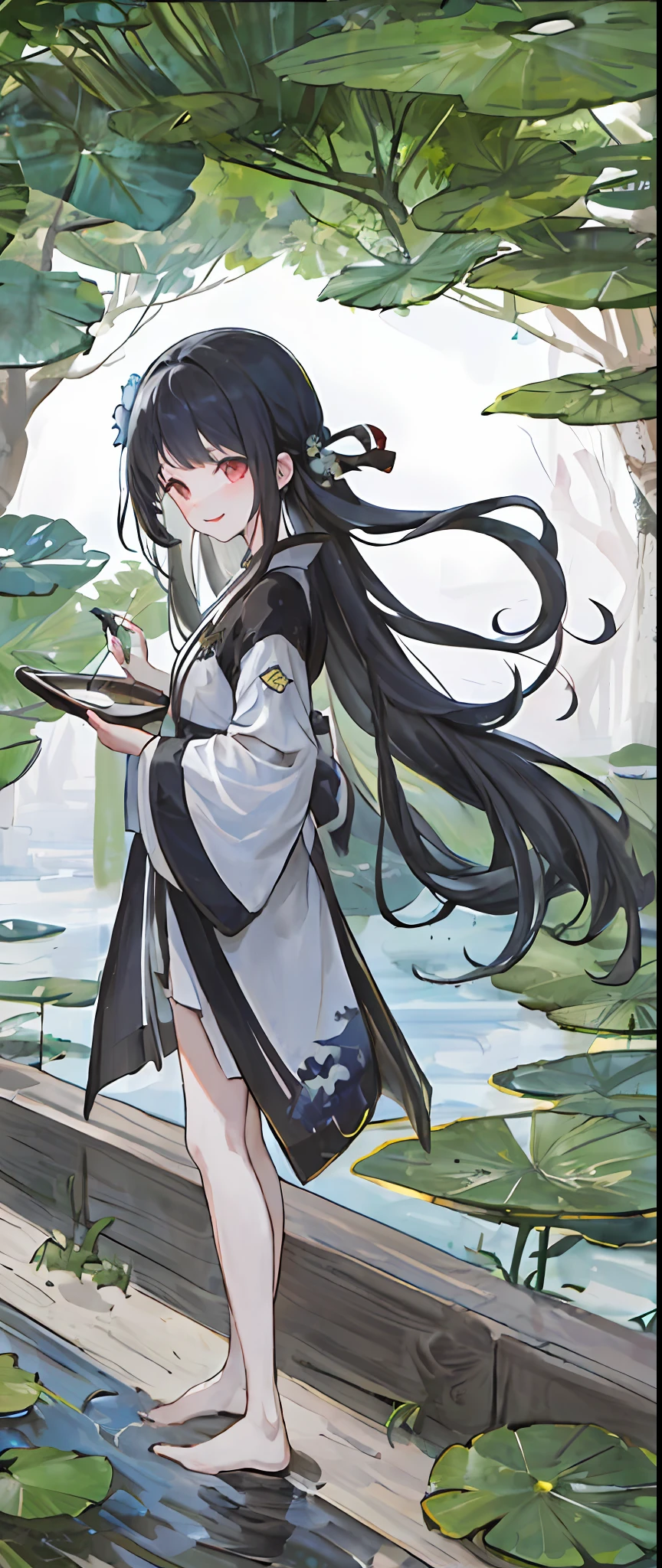 ((4k,masterpiece,best quality)), shuimobysim, traditional chinese ink painting, lotus, hanfu, maxiskit, dress conservatively 1girl, solo, long blue hair, smile, standing, feet in the water, barefoot,