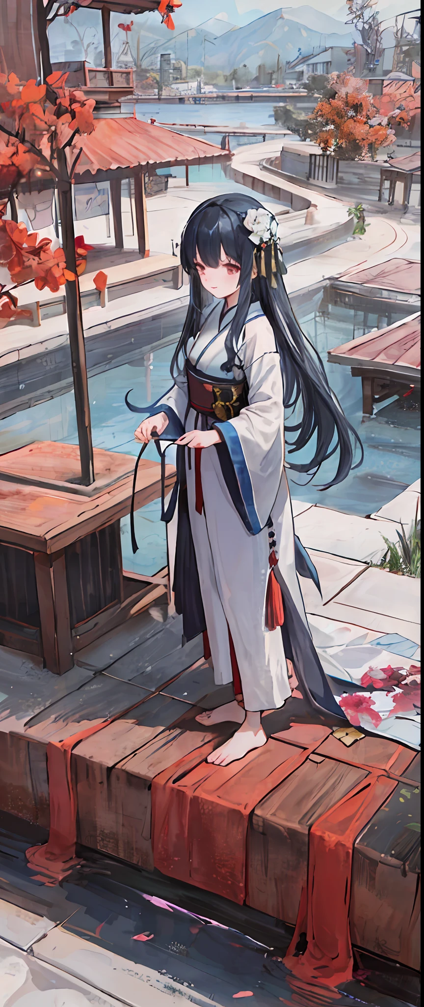 ((4k,masterpiece,best quality)), shuimobysim, traditional chinese ink painting, lotus, hanfu, maxiskit, dress conservatively 1girl, solo, long blue hair, smile, standing, feet in the water, barefoot,