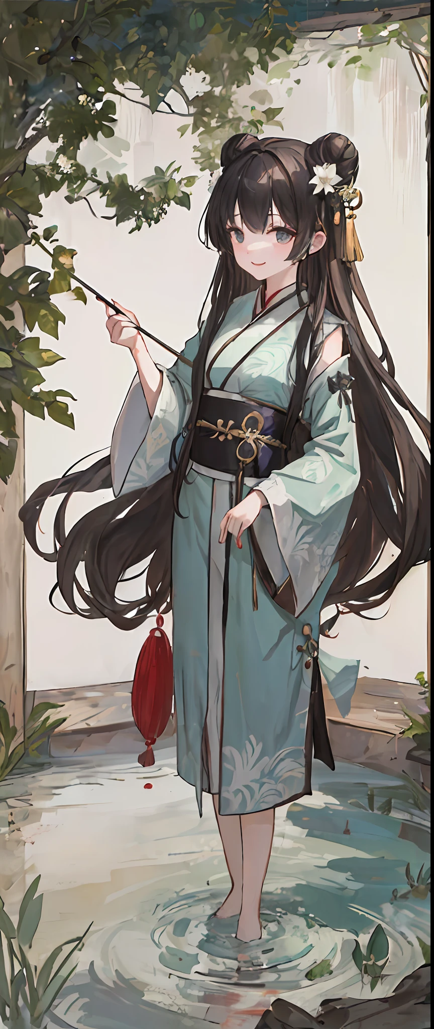 ((4k,masterpiece,best quality)), shuimobysim, traditional chinese ink painting, lotus, hanfu, maxiskit, dress conservatively 1girl, solo, long blue hair, smile, standing, feet in the water, barefoot,