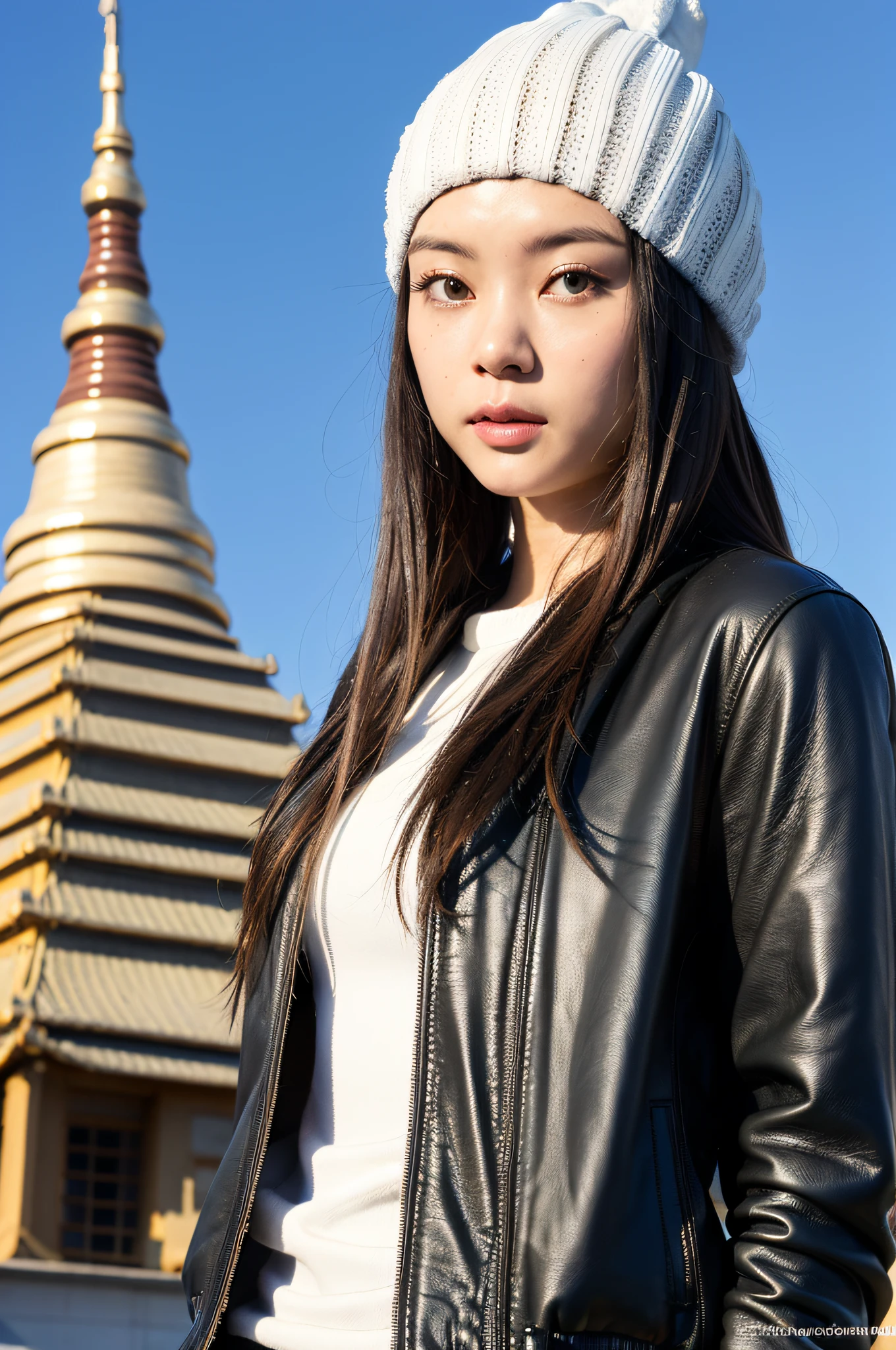 A girl standing in front of Shwedagon Pagoda,(((Pagoda background)))
(8k:1.27), best quality, masterpiece, ultra highres:1.2) Photo of Pretty Japanese woman
 (beautiful:1.1) (sci-fi warrior woman:1.1) space soldier, (beanie:1.61) (leather jacket:1.21) intricate elegant, fantasy, detailed, ometric by greg rutkowski and alphonse mucha, gradient lighting