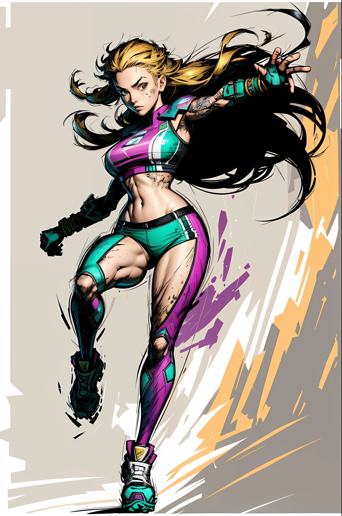 extraordinary lustration, plano de fundo, misturado-Idioma_Texto, letras japonesas em graffit ,::yoji shinkawa style ::2.0 comix illustration style,tatoon style , comic book style ,beautiful woman with long hair rosa degradê ultra detailed, (beautiful and clear background:1.2),, fantastic paintings ,graffit style, flowers, olhos altamente detalhados , a t-shirt or dressed in a white blouse underneath, with both fists in a fighting position, and bracelets, fighting against an enemy, with long hair , stained glass colored, out, vibrant, alphonse mucha style, fantastic paintings by joe madureira ,high quality, art,kelly brook beautiful woman with long rosa degradê hair , freedom, soul, digital illustration, comic style, perfect anatomy, centered, approaching perfection, dynamic, highly detailed, watercolor painting, artstation, concept art, smooth, sharp focus, illustration, art by carne griffiths and wadim kashin,big breast,alone anime girl with a medium lenght pose and cute clothes, short pastel , heterochromia, perfect anatomy, centered, approaching perfection, dynamic, highly detailed, character sheet, artstation, concept art, smooth, sharp focus, illustration, art by kim jung gi,, artgerm, carne griffiths and wadim kashin , sasha yakovleva, loish, jeremy mann, full body shot, character sheet, lightningwave, beautiful anime watercolor painting ,paint dripping by tim okamura, victor nizovtsev, greg rutkowski, noah bradley. trending on artstation, 8k, masterpiece, graffiti paint, fine detail, full of color, intricate detail, golden ratio illustration,monochromatic green background, masterpiece, best quality, high quality, highres, best quality, high resolution fix, bright amazing lighting, detail enhancement, best quality, high quality, highres, detail enhancement