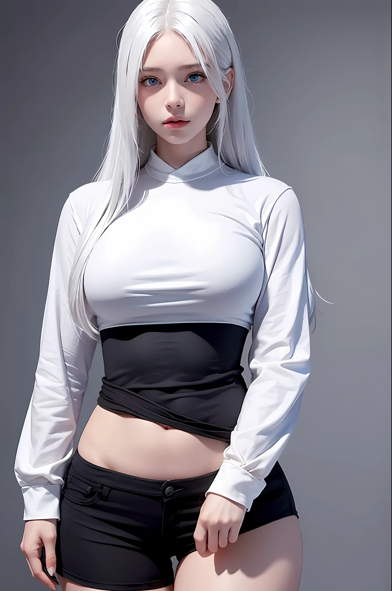 photorealistic, high resolution, 1 girl, white hair, korean, blue eyes, white shirt, skimpy tight black shorts, thick thighs