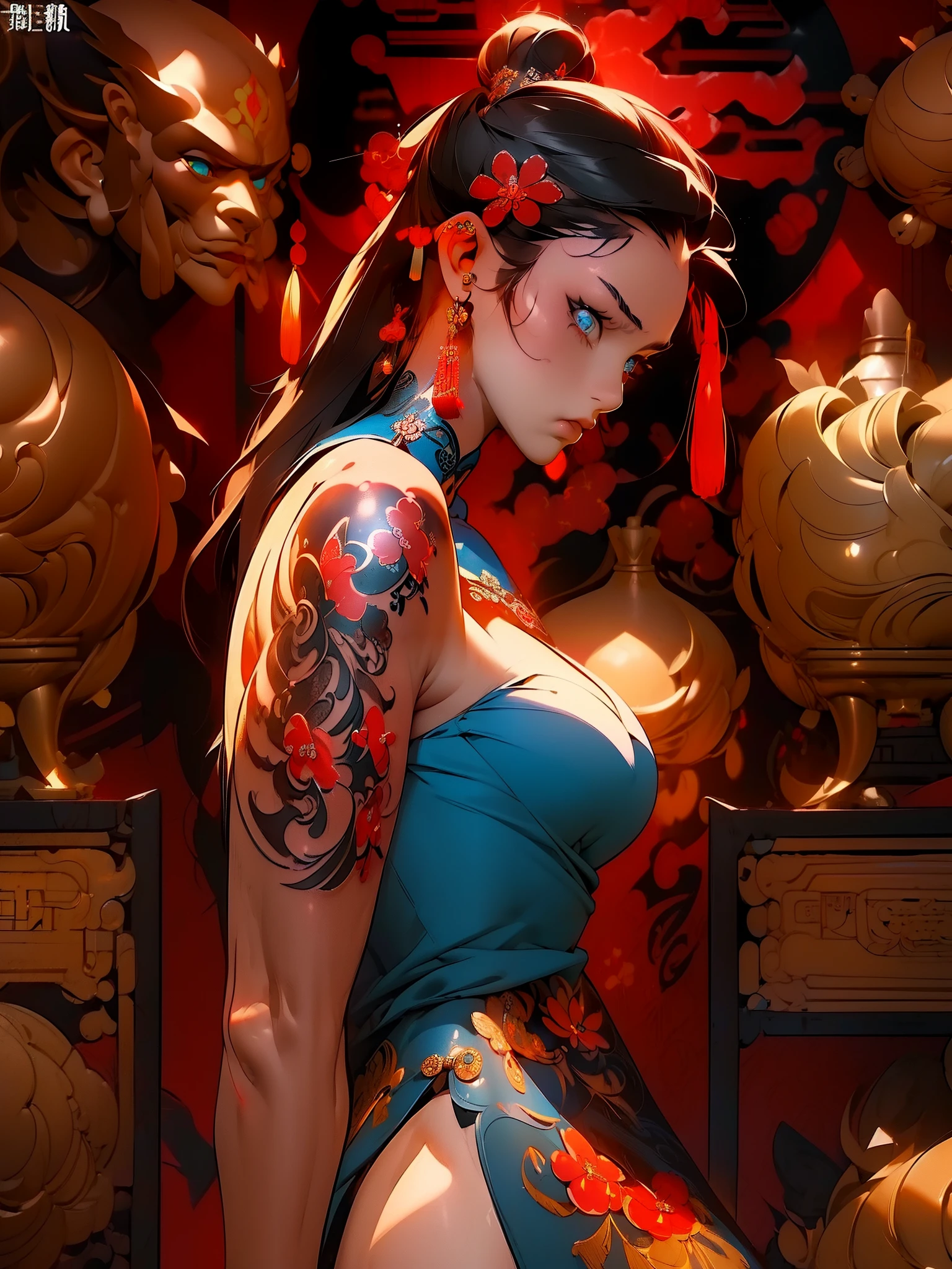 (masterpiece best quality:1.4),1girl, (tattoo of chinese text:1.5), solo, hair flowers, long hair, blue eyes, looking at viewer, medium breast, tattoo, black hair, tassel, bare shoulders, mecha, bangs, upper body, earrings, indoors, nape, off shoulder, jewelry, eyelashes, lips, profile, hair bun, piercing, single hair bun,