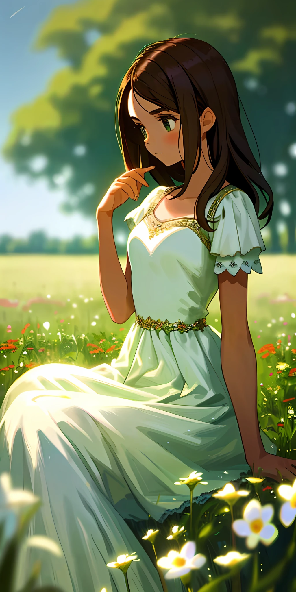 (masterpiece, best quality), ballerina, 1girl with brunette hair sitting in a field of green plants and flowers, her hand under her chin, warm lighting, white dress, blurry foreground