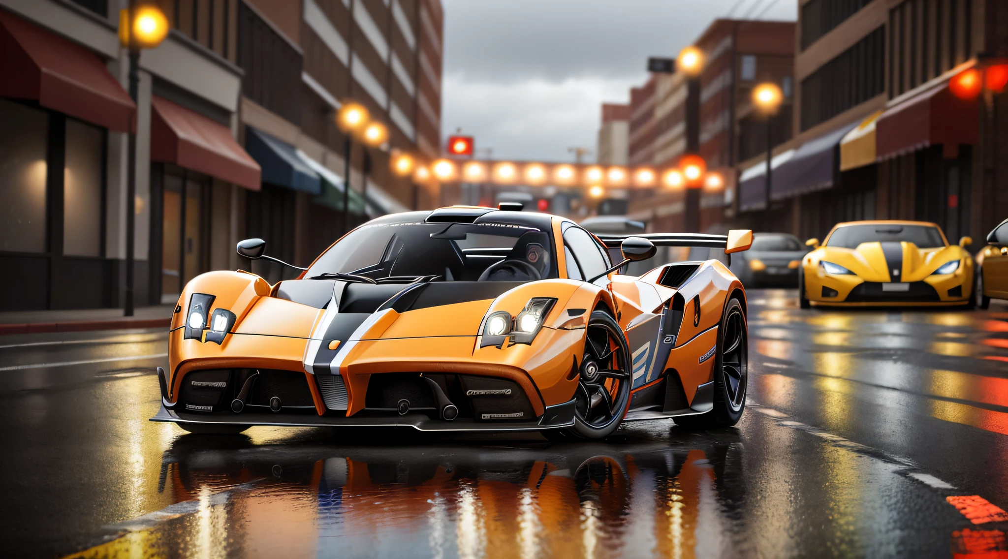 sports car model pagani huayra, in orange and black color, with chrome wheels, running on a road, with a background of a big city, the road wet by rain and the reflection of the vehicle appearing, realistic image, rendered 3d, detailed image, 12k, realistic photo, cinematic, vivid colors, ultra realistic image, detailed image, 12k image, ultra resolution, vivid colors, real image, 3d rendering, ray tracing, cinematic lighting, realism, expressionism, UHD, 8k, 16k, super detail, high detail, high quality