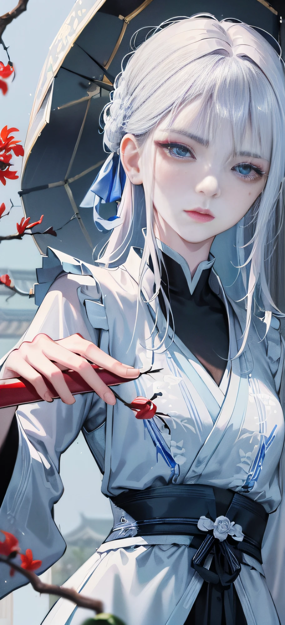 Masterpiece, Excellent, Night, Outdoor, Rainy Day, Branches, Chinese Style, Ancient China, 1 Woman, Mature Woman, Blue and White Hair Color, Gray Blue Eyes, Pale Pink Lips, Indifference, Seriousness, Bangs, Assassin, Sword, White Clothes, Blood, Blood, Violence, Death, Injury, Blood, Facial Blood, Facial Details, Facial Details