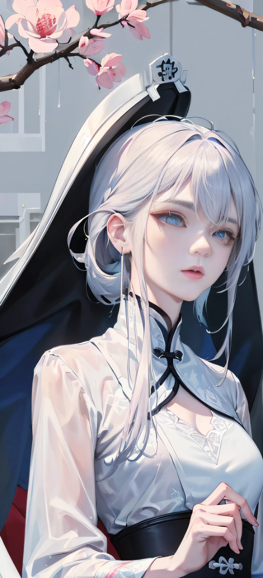 Masterpiece, Excellent, Night, Outdoor, Rainy Day, Branches, Chinese Style, Ancient China, 1 Woman, Mature Woman, Blue and White Hair Color, Gray Blue Eyes, Pale Pink Lips, Indifference, Seriousness, Bangs, Assassin, Sword, White Clothes, Blood, Blood, Violence, Death, Injury, Blood, Facial Blood, Facial Details, Facial Details