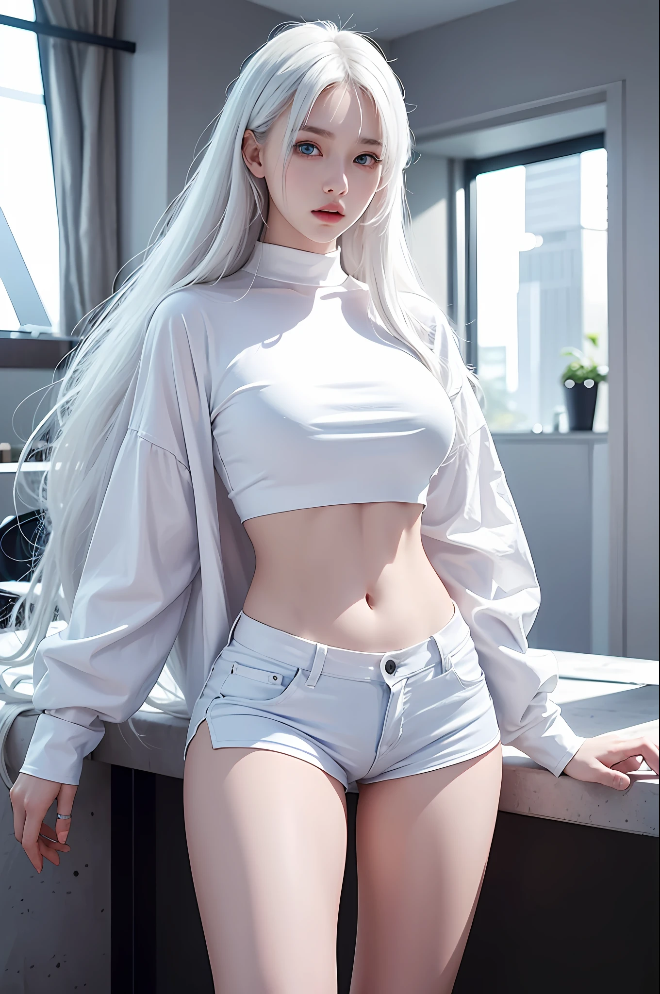 photorealistic, high resolution, 1 girl, white hair, korean, blue eyes, white shirt, skimpy tight black shorts, thick thighs