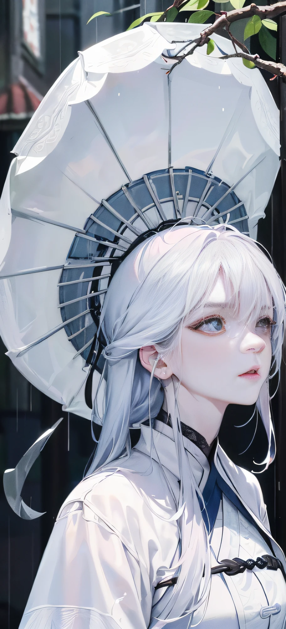 Masterpiece, Excellent, Night, Outdoor, Rainy Day, Branches, Chinese Style, Ancient China, 1 Woman, Mature Woman, Blue and White Hair Color, Gray Blue Eyes, Pale Pink Lips, Indifference, Seriousness, Bangs, Assassin, Sword, White Clothes, Blood, Blood, Violence, Death, Injury, Blood, Facial Blood, Facial Details, Facial Details