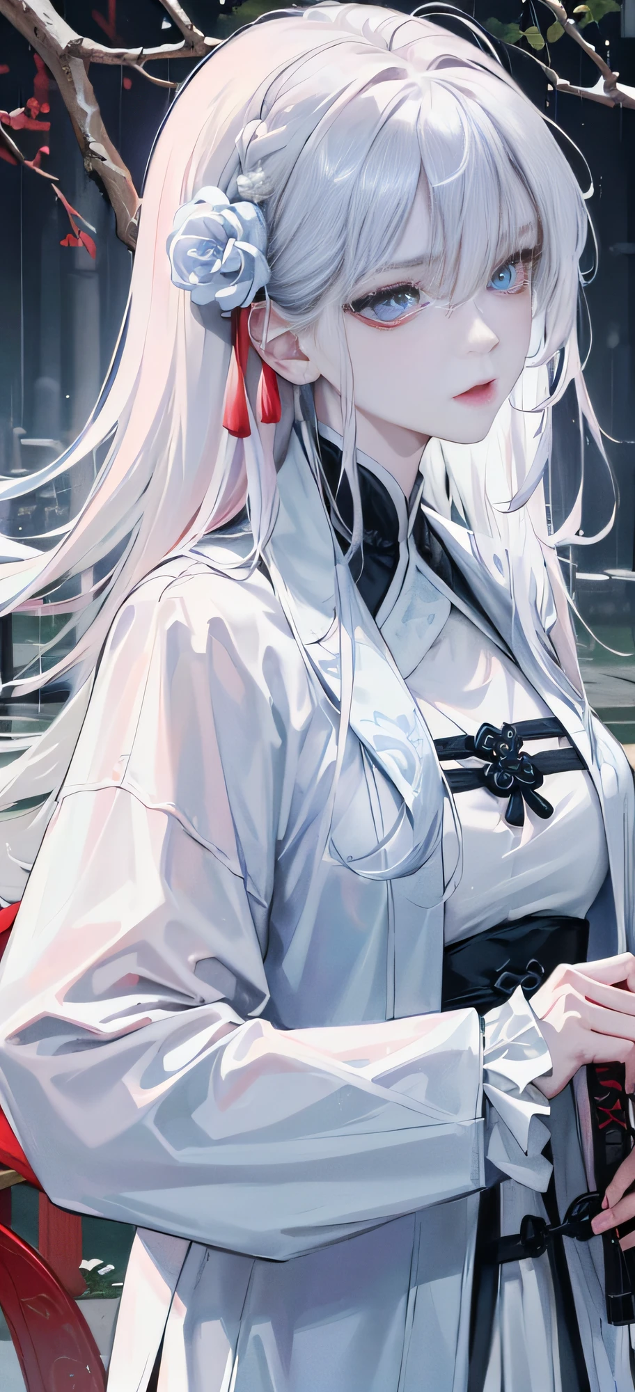 Masterpiece, Excellent, Night, Outdoor, Rainy Day, Branches, Chinese Style, Ancient China, 1 Woman, Mature Woman, Blue and White Hair Color, Gray Blue Eyes, Pale Pink Lips, Indifference, Seriousness, Bangs, Assassin, Sword, White Clothes, Blood, Blood, Violence, Death, Injury, Blood, Facial Blood, Facial Details, Facial Details