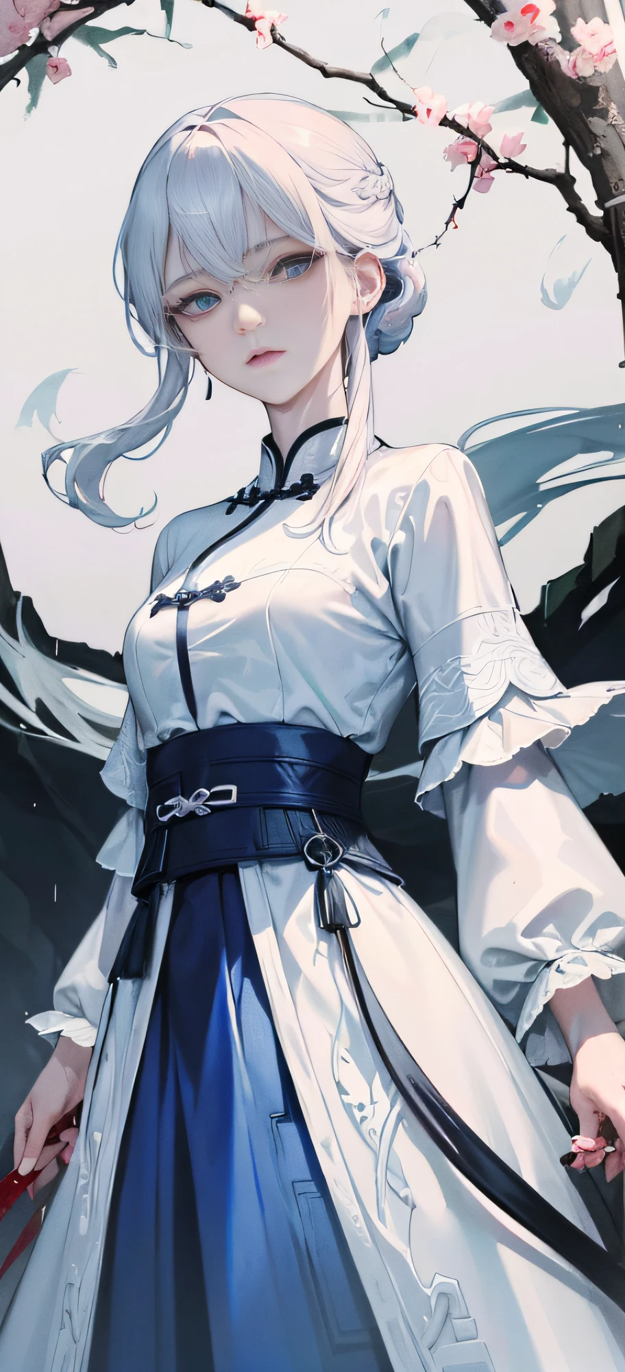 Masterpiece, Excellent, Night, Outdoor, Rainy Day, Branches, Chinese Style, Ancient China, 1 Woman, Mature Woman, Blue and White Hair Color, Gray Blue Eyes, Pale Pink Lips, Indifference, Seriousness, Bangs, Assassin, Sword, White Clothes, Blood, Blood, Violence, Death, Injury, Blood, Facial Blood, Facial Details, Facial Details