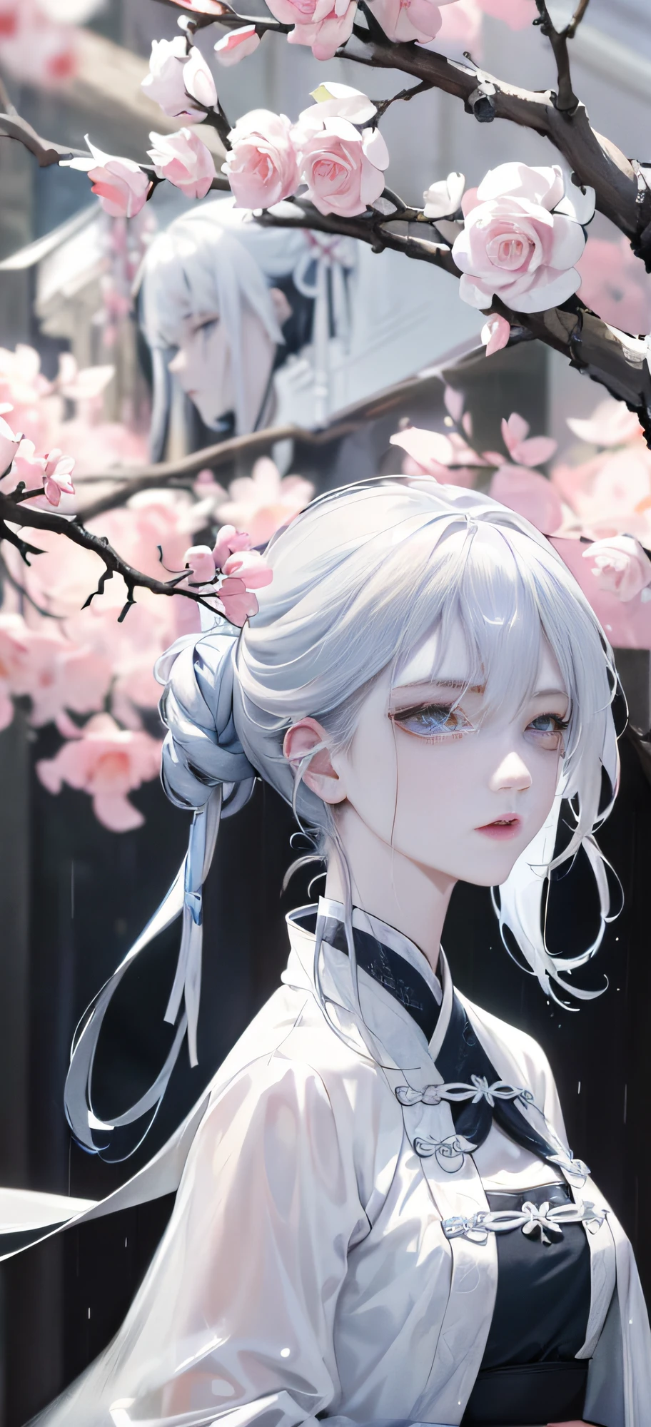 Masterpiece, Excellent, Night, Outdoor, Rainy Day, Branches, Chinese Style, Ancient China, 1 Woman, Mature Woman, Blue and White Hair Color, Gray Blue Eyes, Pale Pink Lips, Indifference, Seriousness, Bangs, Assassin, Sword, White Clothes, Blood, Blood, Violence, Death, Injury, Blood, Facial Blood, Facial Details, Facial Details