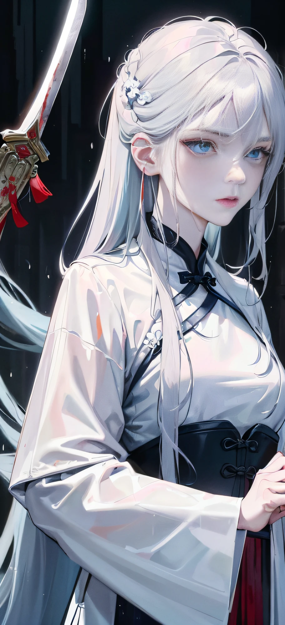 Masterpiece, Excellent, Night, Outdoor, Rainy Day, Branches, Chinese Style, Ancient China, 1 Woman, Mature Woman, Blue and White Hair Color, Gray Blue Eyes, Pale Pink Lips, Indifference, Seriousness, Bangs, Assassin, Sword, White Clothes, Blood, Blood, Violence, Death, Injury, Blood, Facial Blood, Facial Details, Facial Details