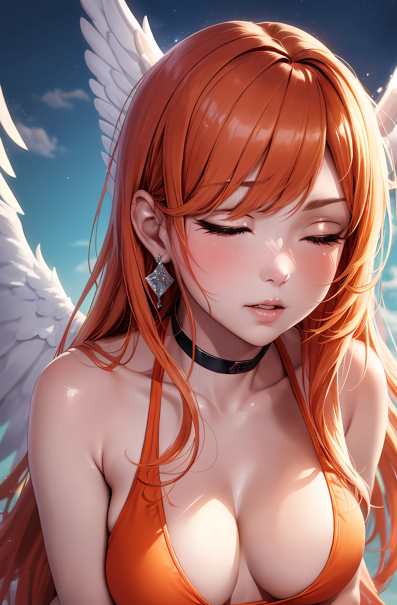Top quality, ultra high resolution, (photorealistic: 1 beautiful girl 4), . Red wings. Charming face. Model face. Hair is long. Thin. Bikini, beautiful details, orange hair. Big tits. Hair tangerine-colored. Miniskirt. Earring. Rake your hair. Detail. Vivid? Realistic details. Real. On the back large wings. Clouds around. Cloud mass. Naked. Angel wings. Long wings. Wide wings. Lifting the chest. Lift your chest with both hands. Embarrassing face lifting chest with both hands. Embarrassing face. Shyness. Blushing. Kneeling. Kneel down. I closed my eyes. Kissing face. Close your eyes and kiss your face. Kiss. Look up. Pressing for a kiss. Ask for a kiss. Wing. Close your eyes. Sweat.