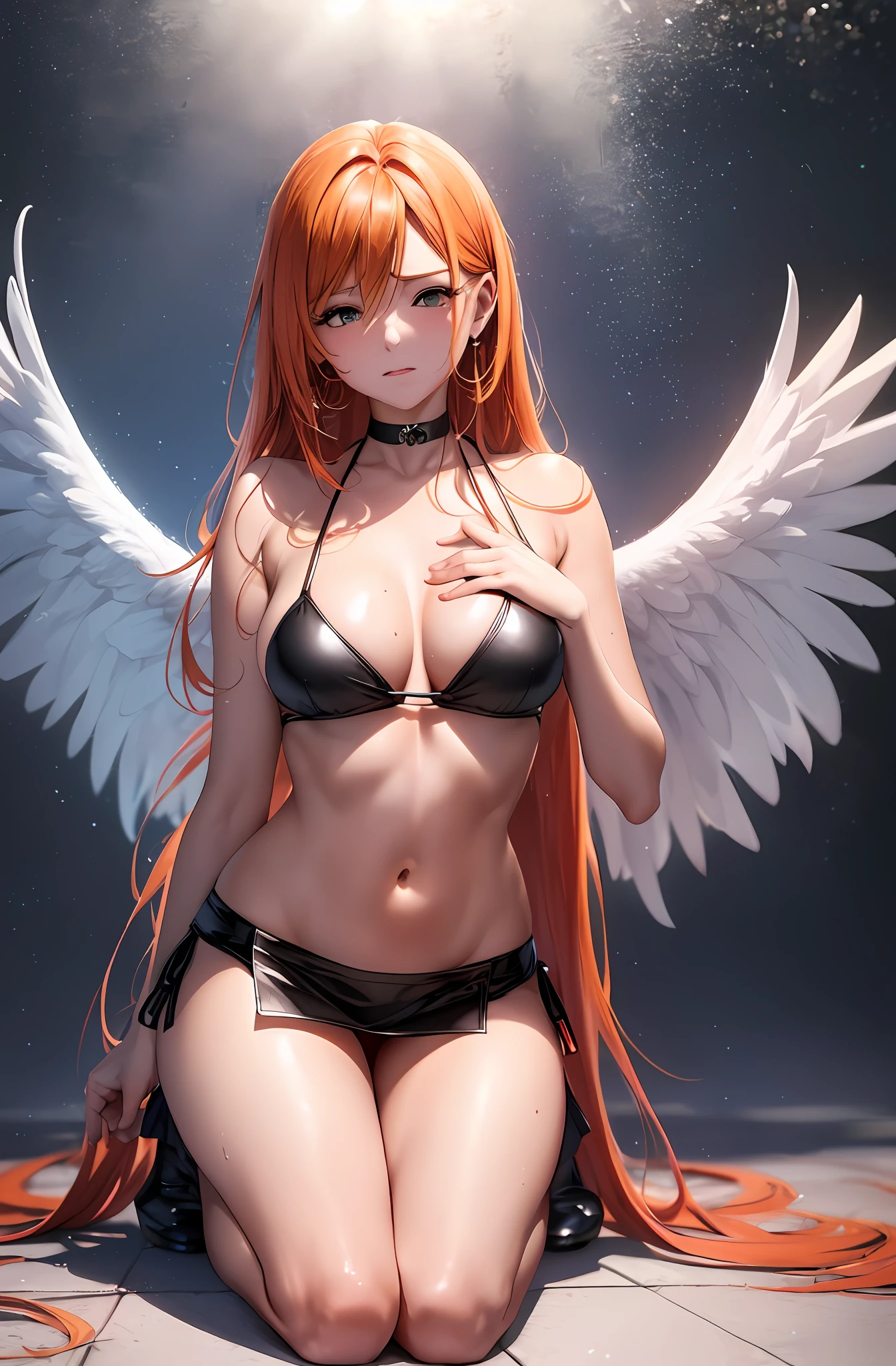 Top quality, ultra high resolution, (photorealistic: 1 beautiful girl 4), . Red wings. Charming face. Model face. Hair is long. Thin. Bikini, beautiful details, orange hair. Big tits. Hair tangerine-colored. Miniskirt. Earring. Rake your hair. Detail. Vivid? Realistic details. Real. On the back large wings. Clouds around. Cloud mass. Naked. Angel wings. Long wings. Wide wings. Lifting the chest. Lift your chest with both hands. Embarrassing face lifting chest with both hands. Embarrassing face. Shyness. Blushing. Kneeling. Kneel down. I closed my eyes. Kissing face. Close your eyes and kiss your face. Kiss. Look up. Pressing for a kiss. Ask for a kiss. Wing. Close your eyes. Sweat.