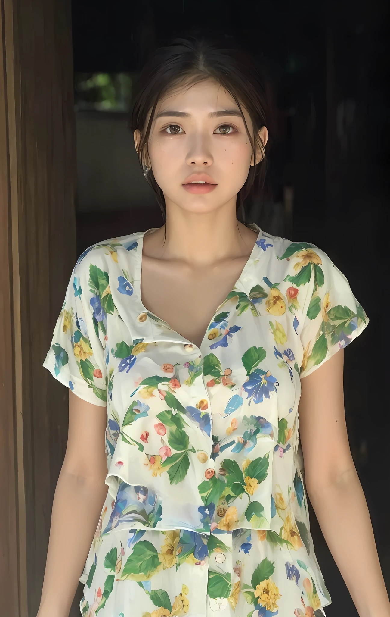 ((Best quality, 8k, Masterpiece: 1.3)), Sharp focus: 1.2, A beautiful woman with perfect body: 1.4, Slim abdomen: 1.2, ((Layered haircut, Large breasts: 1.2)), (no bra) (Small and beautiful hard nipple) (Thin and damp button up to shirt length: 1.1), (White shirt wet by rain), (Rain, Street: 1.2), Wet body: 1.1, Highly detailed face and skin texture, Detailed eyes, Double eyelid, tanned skin, sexy, tan